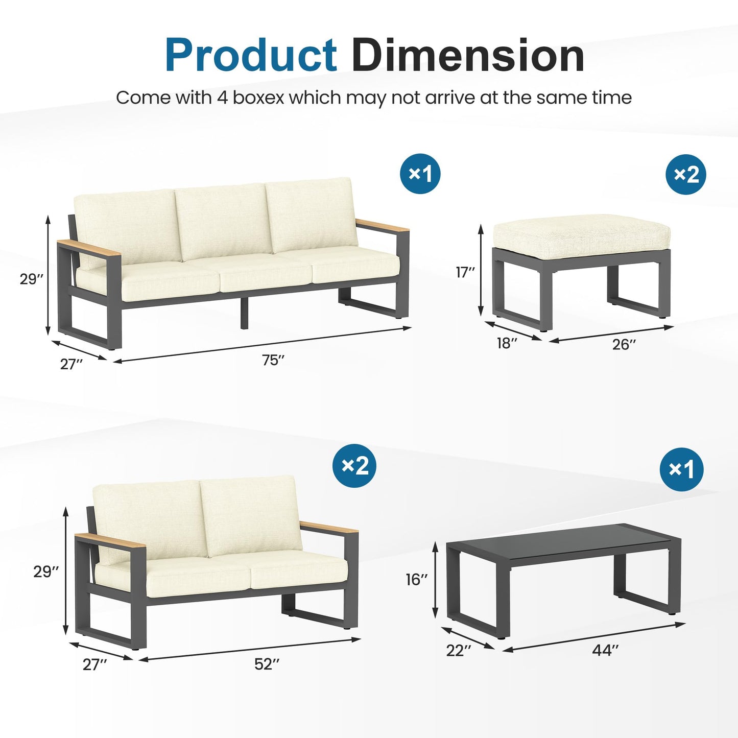 Heynemo Aluminum Patio Furniture, 6 Piece Metal Outdoor Furniture Set with Coffee Table & Ottomans, Modern Patio Sofa Sets Outdoor Conversation Set for Pool Garden Porch Backyard, Beige