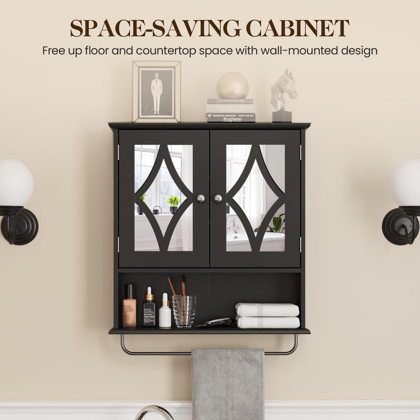 RoyalCraft Bathroom Medicine Cabinet with Mirror, Vanity Wall Mounted Storage Cabinet with Adjustable Shelves and Towel Bar, Hanging Wall Cabinet for Bathroom, Laundry, Living Room, Black
