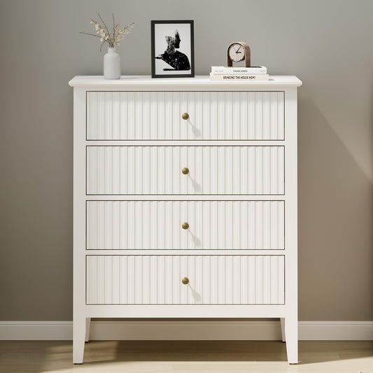 Heynemo Fluted 4 Drawer Dresser, Wood Dresser for Storage Clothes, Wooden Storage Cabinet Nightstand for Bedroom, Hallway, Living Room, Entryway