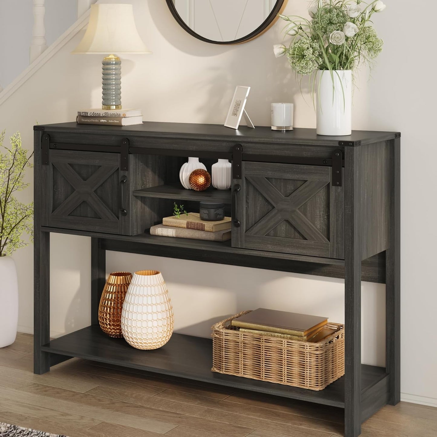 Superjoe Farmhouse Console Table w/Storage & Sliding Barn Door for Entryway, 46" Wood Foyer Table w/Adjustable Shelf, Coffee Bar Sideboard for Hallway, Living Room, Dark Gray