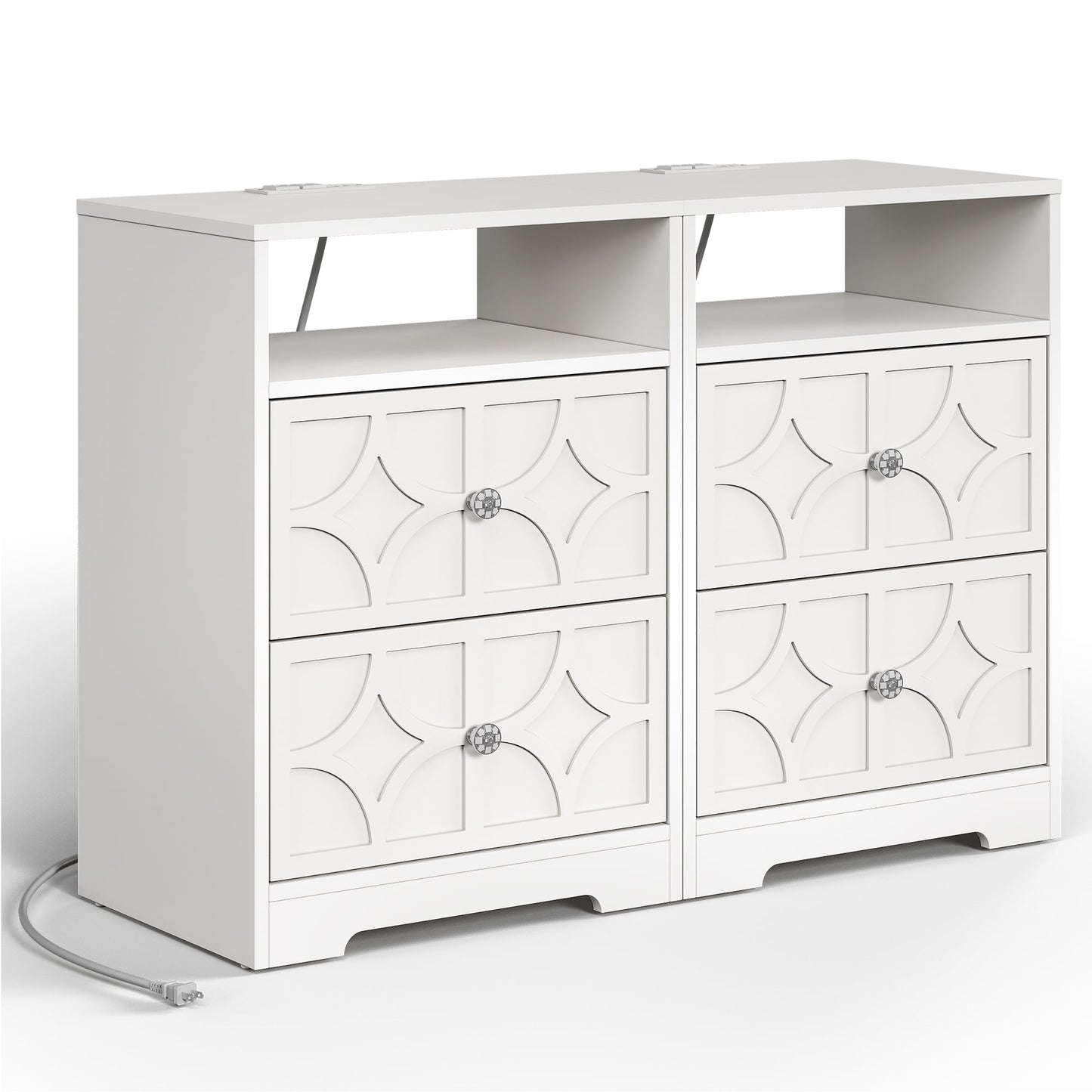 Heynemo Modern Accent Side Table Set of 2 with 2 Drawers, Gold Knobs, and Diamond Carvings, Large Night Stand for Living Room, Bedroom, Entryway, White