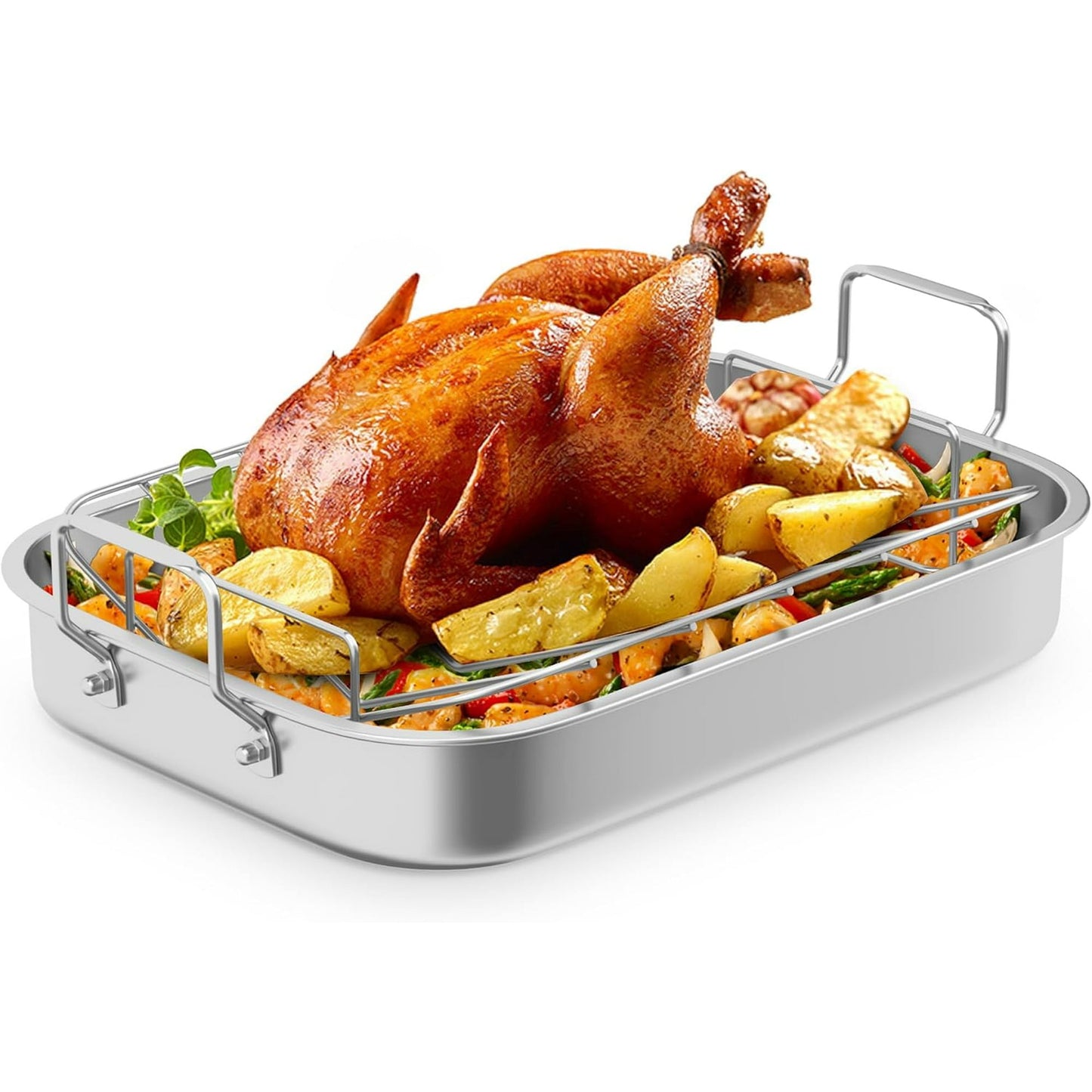 Sunvivi 15.6" Roasting Pan with V-Shaped Rack, Deep Stainless Steel Turkey Roaster, Dishwasher Safe