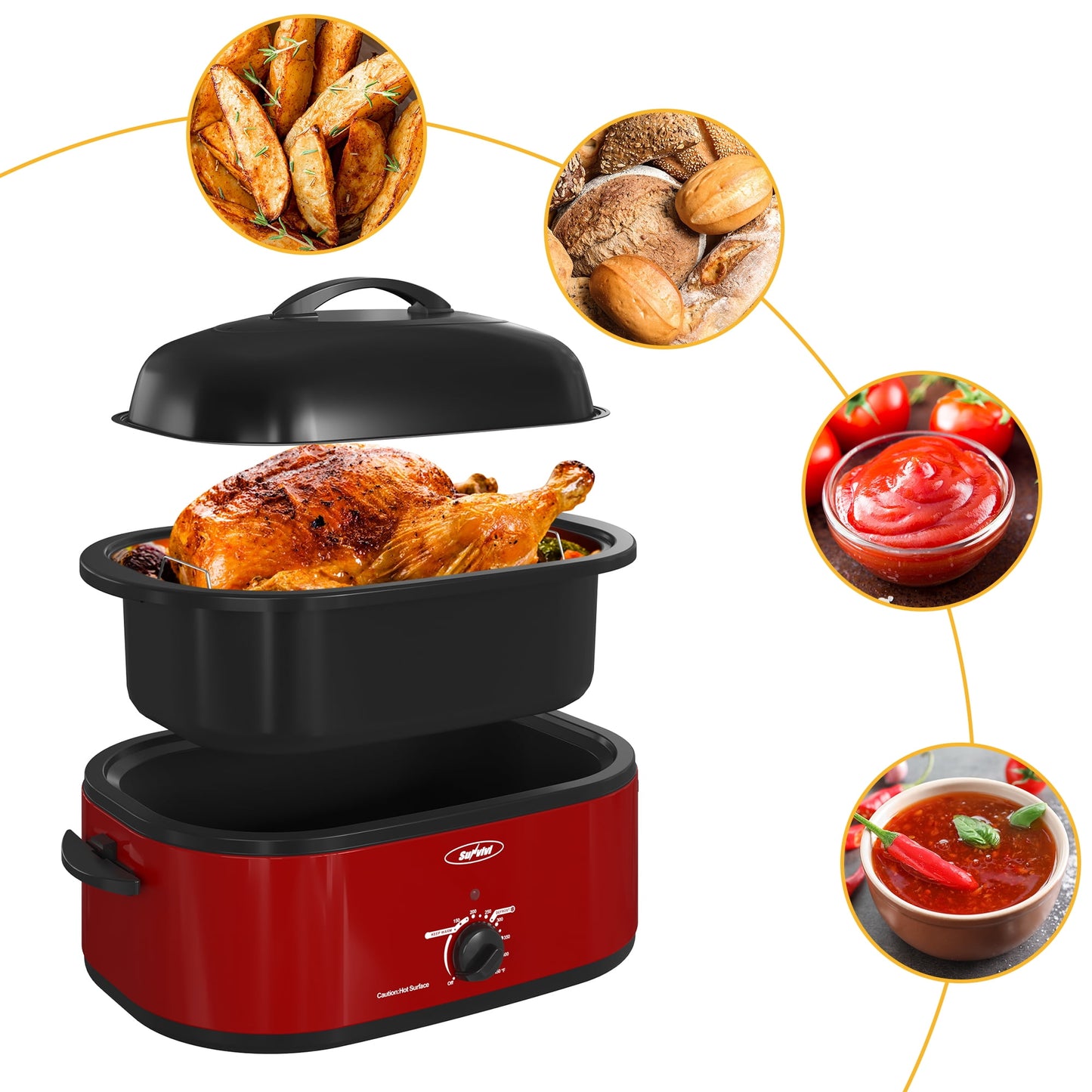 Sunvivi 18QT Roasting Oven with Self-Basting Lid Removable Pan, 150 to 450F Temperature Control Cool-Touch Handles,Red
