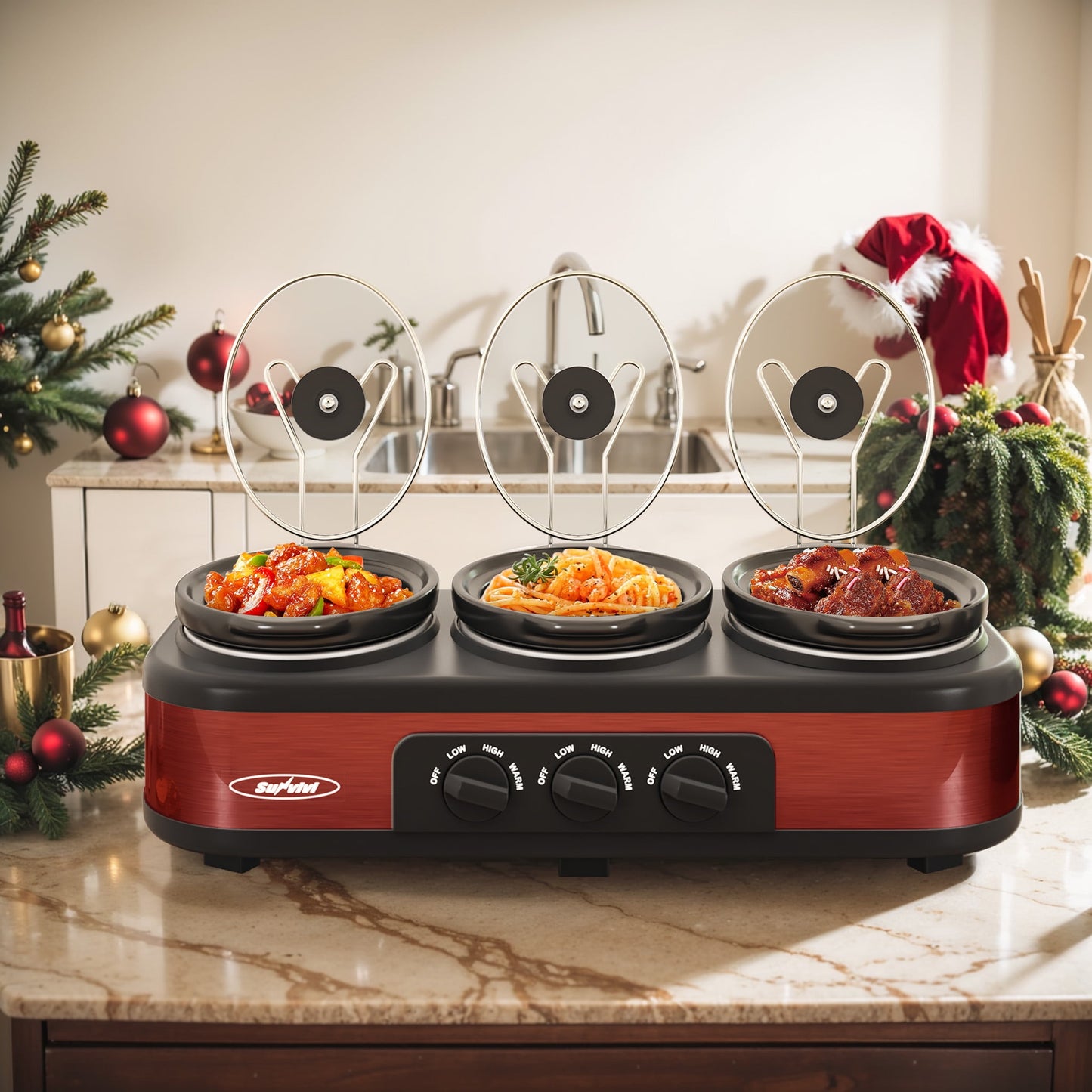 Sunvivi Triple Slow Cooker Buffet Servers and Warmer,3 Pot Food Small Mini Manual Slow Cooker with Adjustable Temp Stainless Steel Lid Rests,Removable Ceramic Pot, 3 * 1.5 Quarts Red