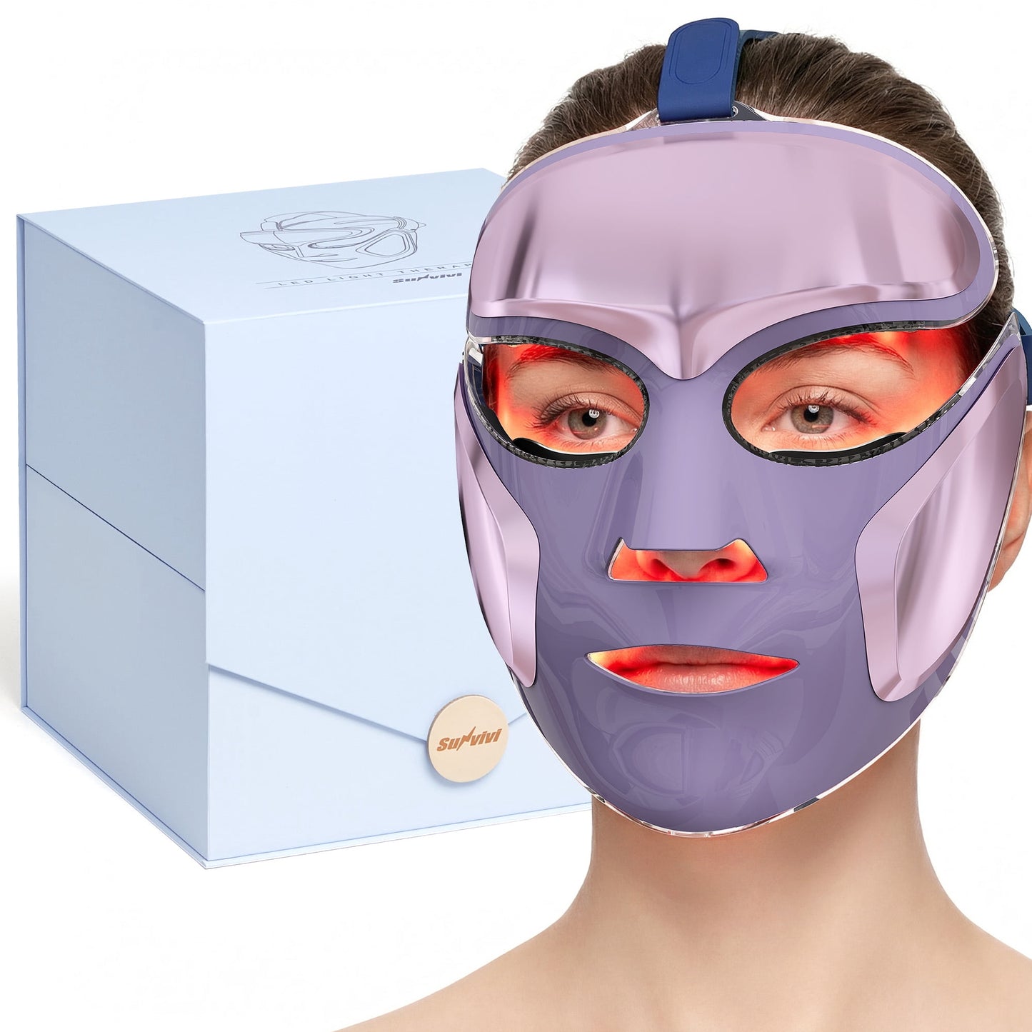Sunvivi LED Light Therapy Face Mask with Red & Blue Light, 180 LEDs, Eye Warming, Home Skincare Device, Purple