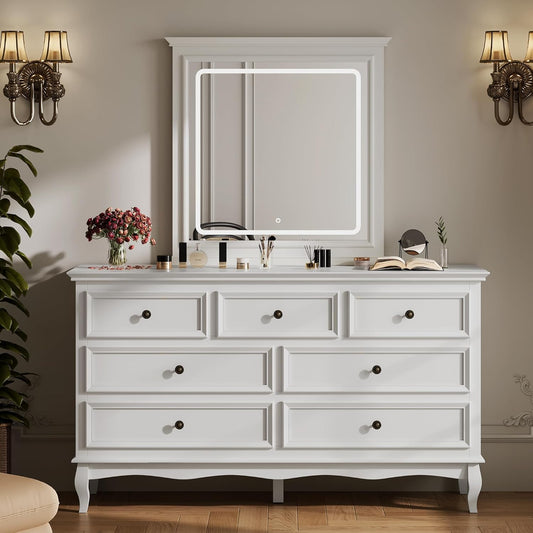 Heynemo White 7 Drawer Dresser with Mirror, Large Chest of Drawers for Bedroom, Modern Wood Dresser with LED Mirror for Bedroom, Living Room, White