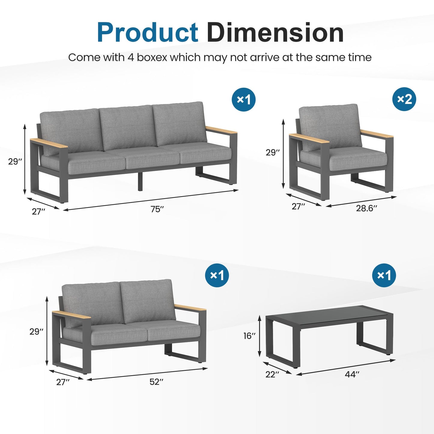 Aluminum Outdoor Patio Furniture Set with Height-adjustable Footrest for Lawn Porches Patio, 7-Seats All-weather Patio Sofa Sets with Coffee Table, Modern Outdoor Patio Conversation set, Grey