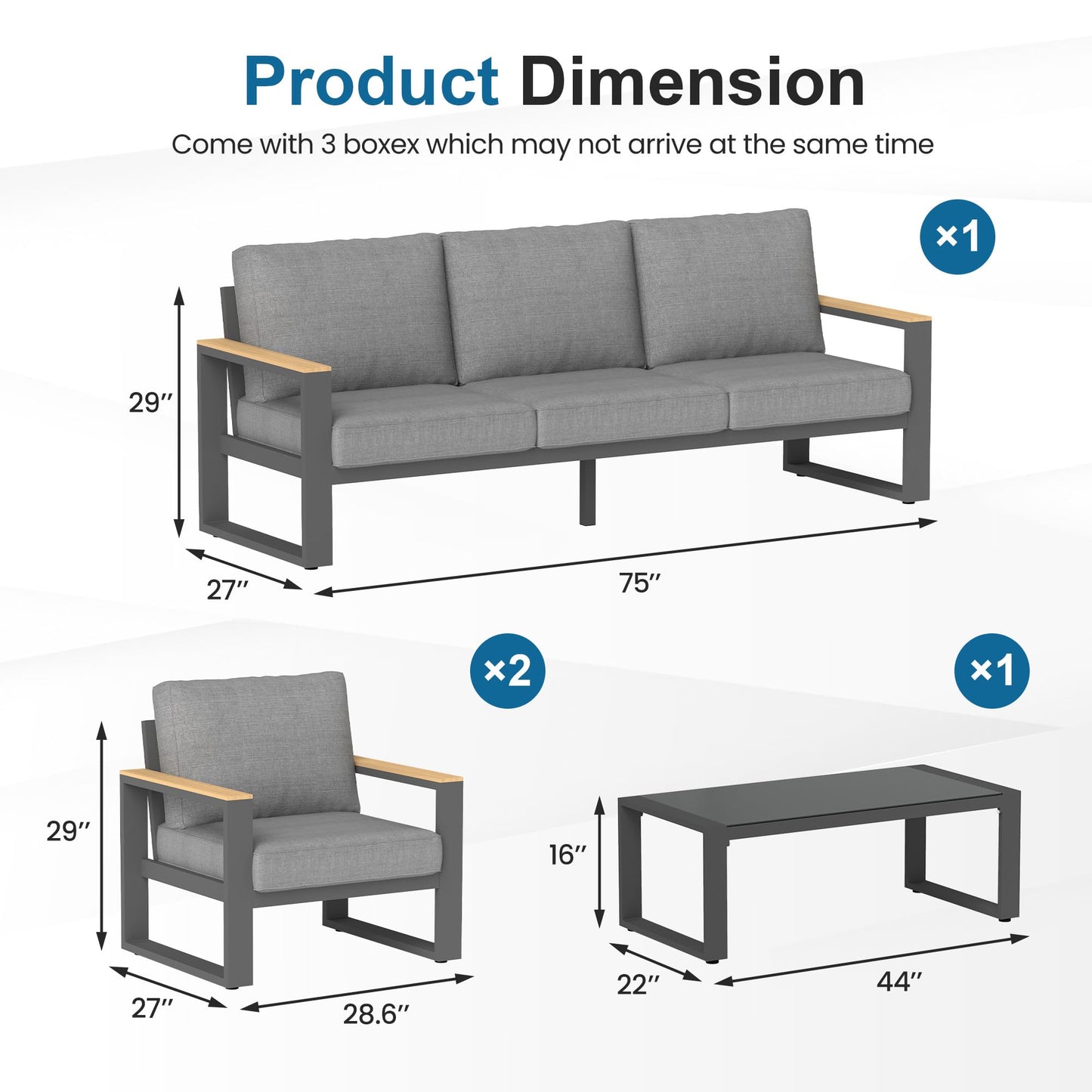 Aluminum Outdoor Patio Furniture Set with Height-adjustable Footrest for Lawn Porches Patio, 5-Seats All-weather Patio Sofa Sets with Coffee Table, Modern Outdoor Patio Conversation set, Grey