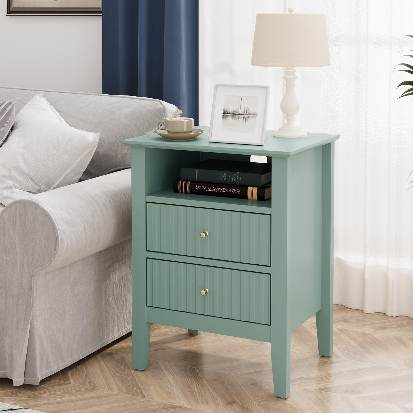 May in Color Fluted Nightstand with 2 Drawers, Modern Wooden Sofa Table with Storage for Small Spaces, Tall End Table for Bedroom