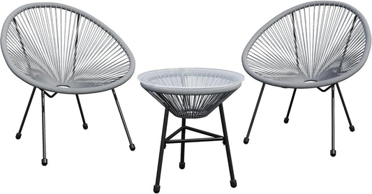 Royalcraft 3-Piece Outdoor Acapulco All-Weather Patio Conversation Bistro Set, Outdoor Woven Rope Chairs and Glass Top Table, 3 Piece Patio Bistro Set for Yard Balcony Poolside, Grey