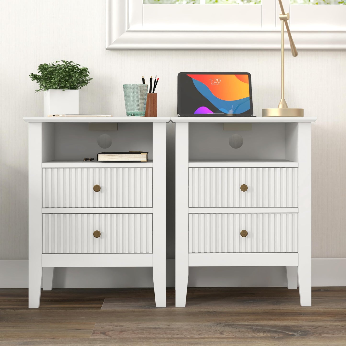 May in Color Fluted Nightstand with 2 Drawers, Modern Wooden Sofa Table with Storage for Small Spaces, Tall End Table for Bedroom