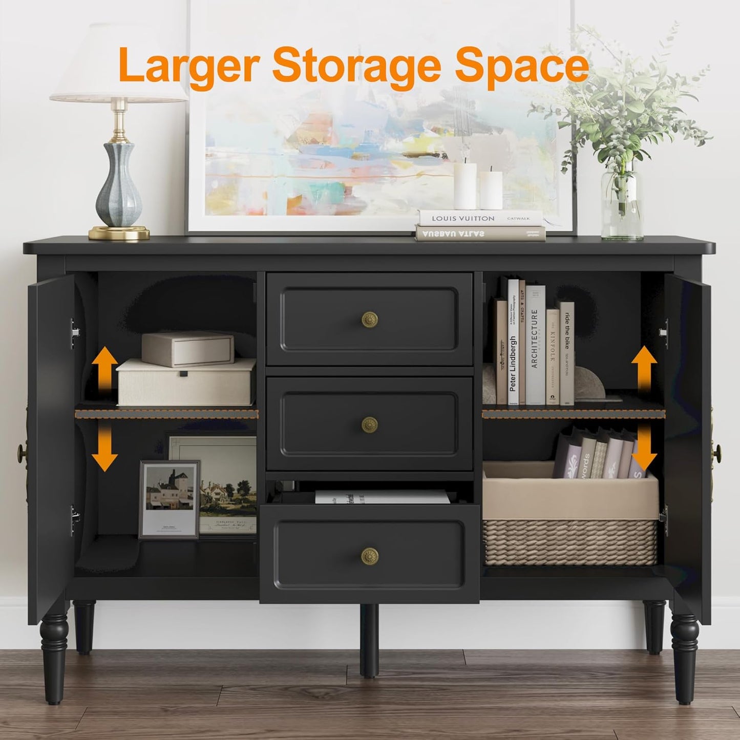 RoyalCraft Storage Cabinet with 2 Doors & 3 Drawers, Mid-Century Sideboard Cabinet with Adjustable Shelves, Wood Buffet Cabinet with Turned Legs, Ideal for Entryway, Living Room, Dining Room