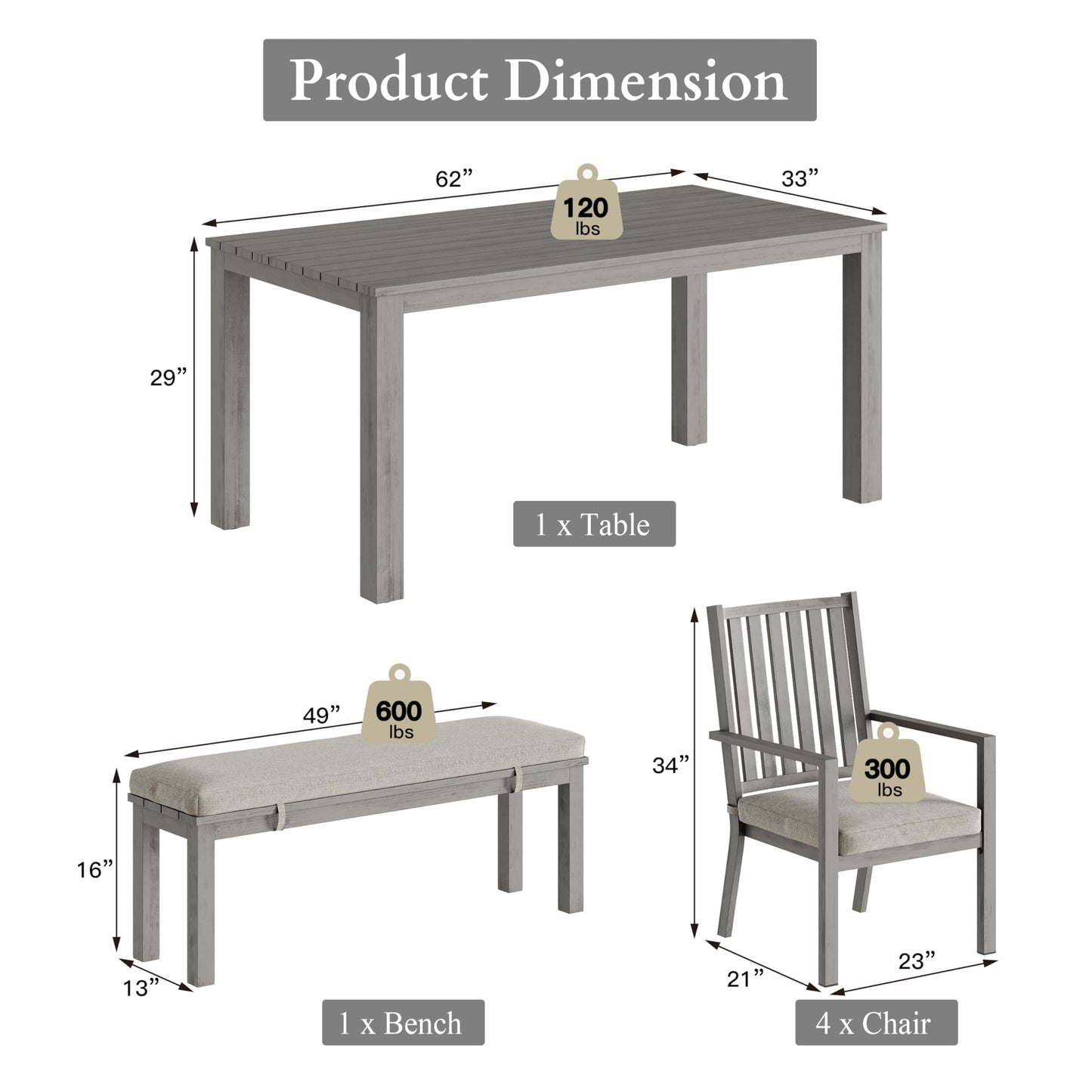 May in Color Aluminum 6 Pieces Patio Dining Sets, Outdoor Dining Table with 4 Chairs and Bench, Outdoor Patio Dining Furniture Set with Removable Cushion for Lawn, Garden, Backyard, Gray