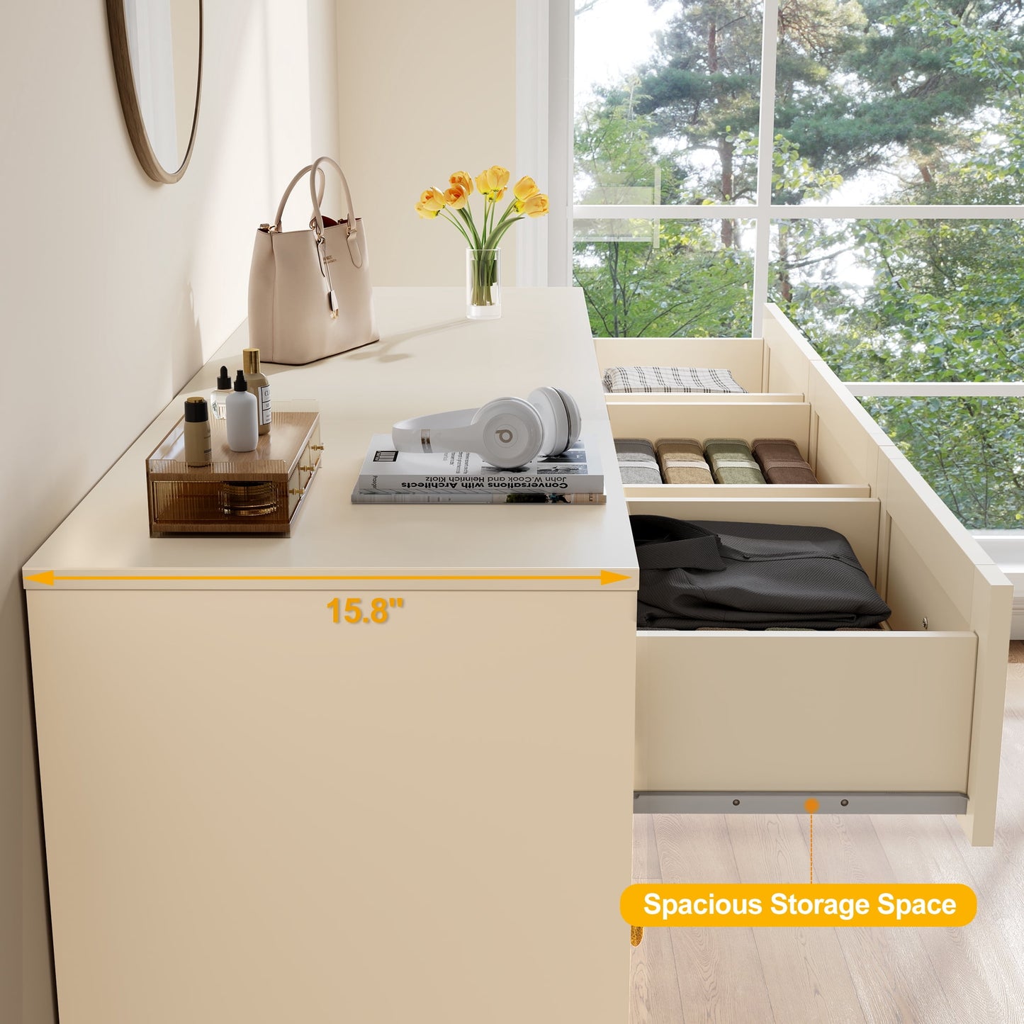 May in Color Dresser for Bedroom with 7 Drawers, Wood Drawer Organizer for Bedroom, Living Room, Hallway, Beige