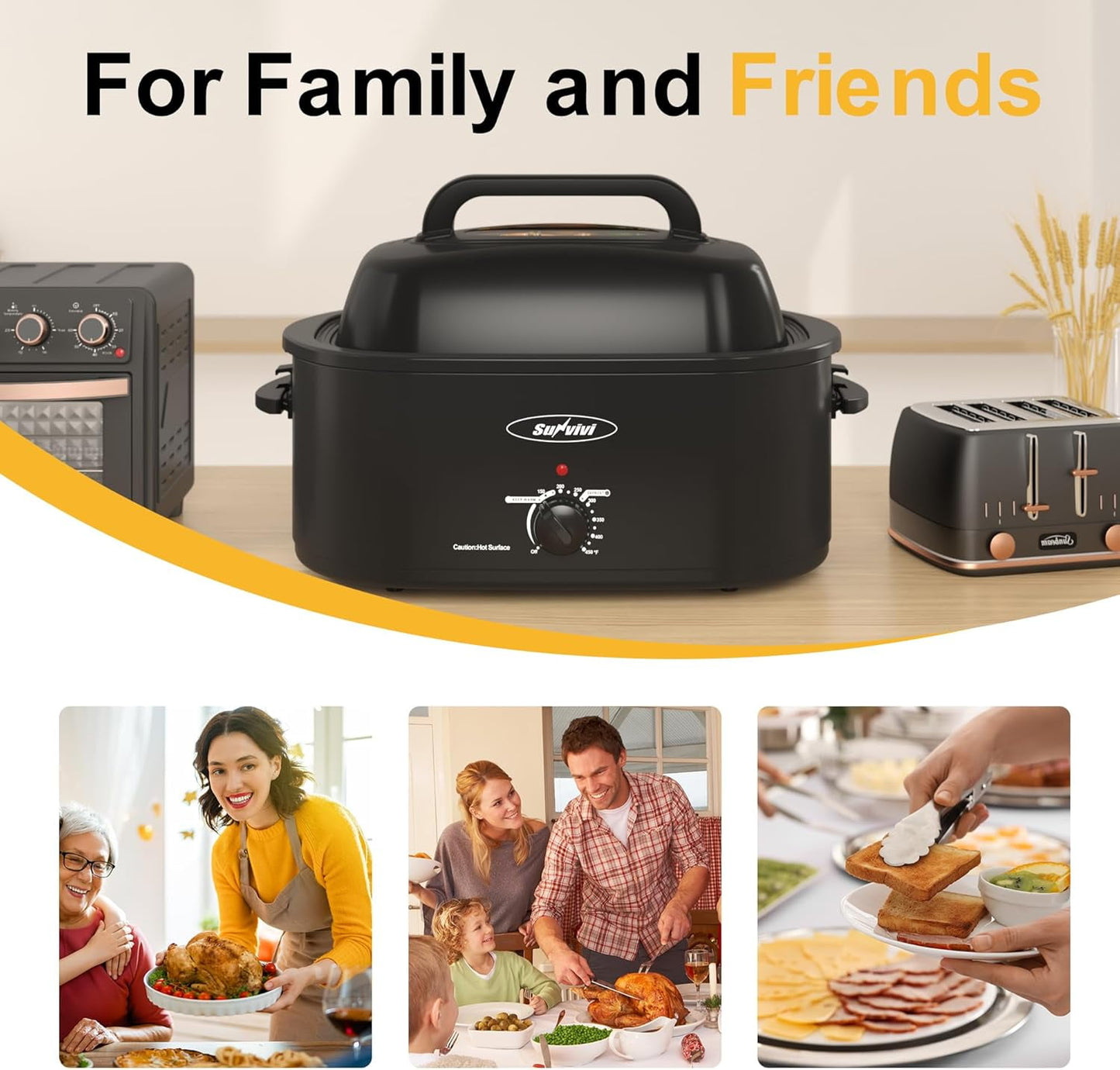 Superjoe 22 Quart Electric Roaster Oven with Self-Basting Lid, Turkey Roaster Oven Buffet with Removable Pan, Cool-Touch Handles, Black