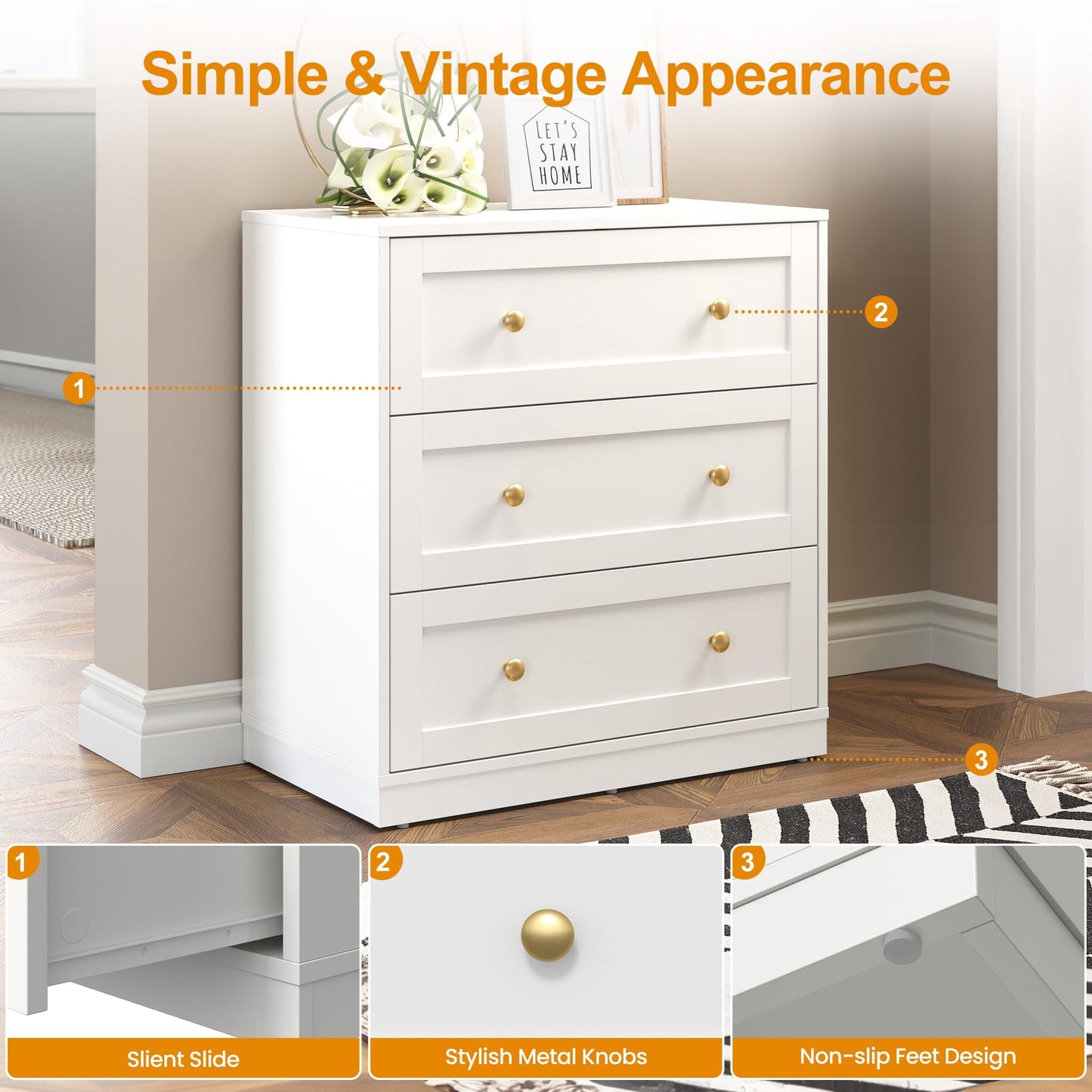 May in Color White 3 Drawer Dresser, Modern Chest of Drawers with Gold Dresser Knobs, Wood Dresser for Bedroom, Hallway, Entryway, Closets, Living Room