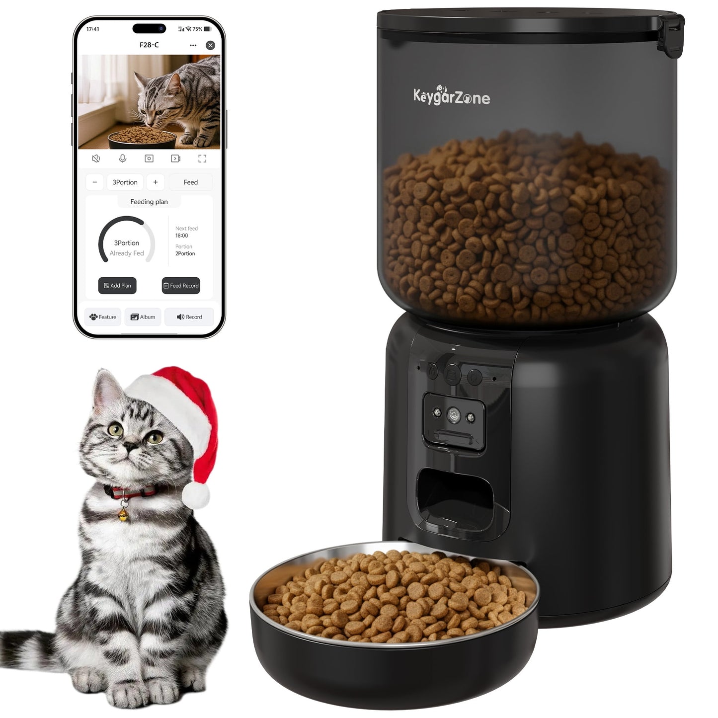 Heynemo 4L Smart Automatic Cat Feeder with HD Camera, WiFi App Control, Auto Pet Feeder for Cats and Small Dogs, Black
