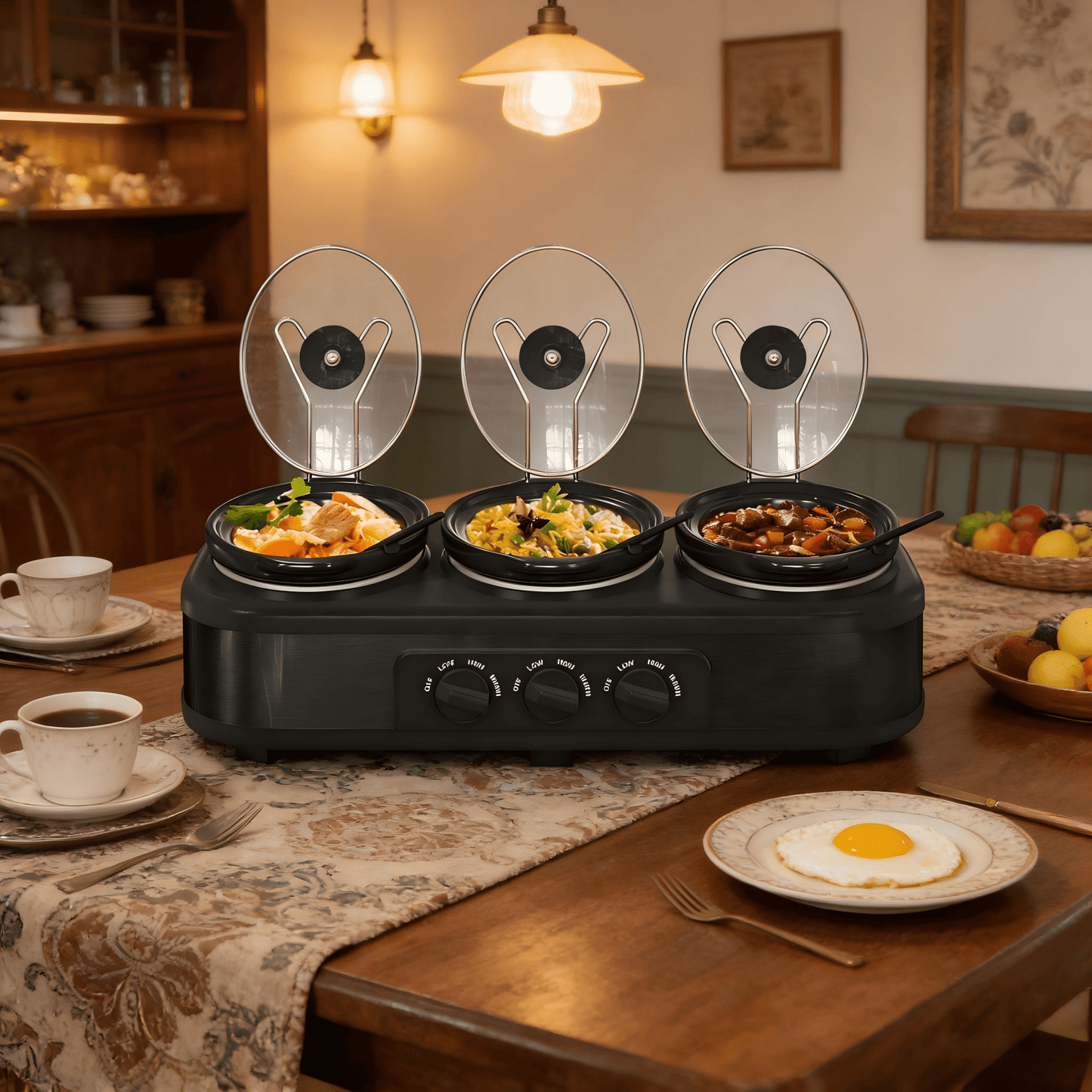 3 Pot Slow Cooker Set, Triple Slow Cooker with 3¡Á1.5QT Removable Ceramic Crocks, 4.5QT Total, Adjustable Temperature for Family Dinner & Party,SL