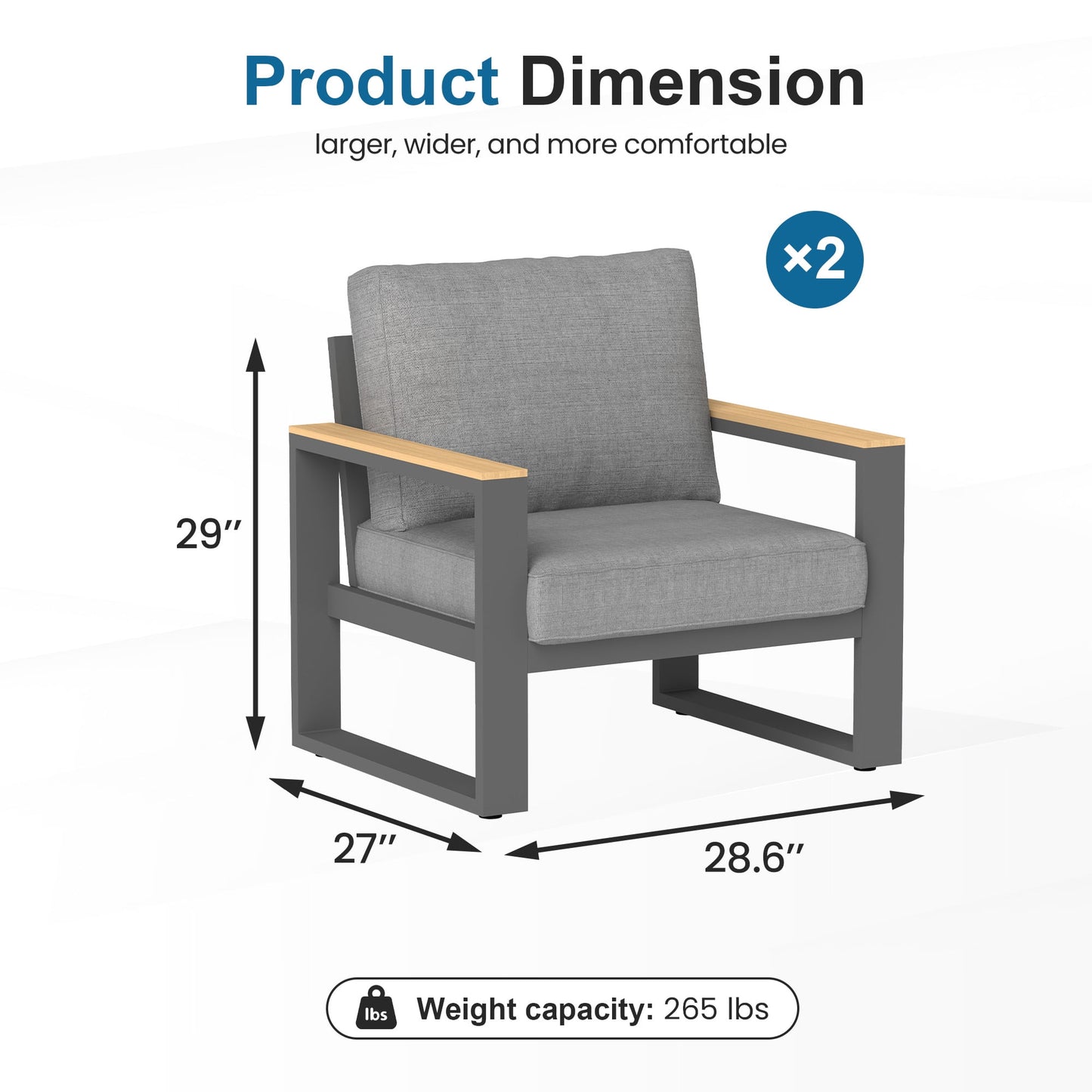 Heynemo Aluminum Outdoor Armchair, 2 Pieces All-Weather Metal Patio Single Sofa, Patio Conversation Set for Porch Backyard Garden, Grey