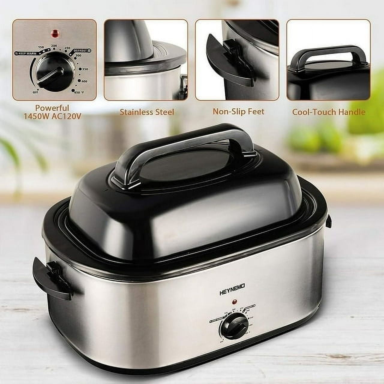 24 Quart Electric Roaster Oven, Stainless Steel Buffet Turkey Roaster Oven with Self-Basting Lid Removable Pan, Silver