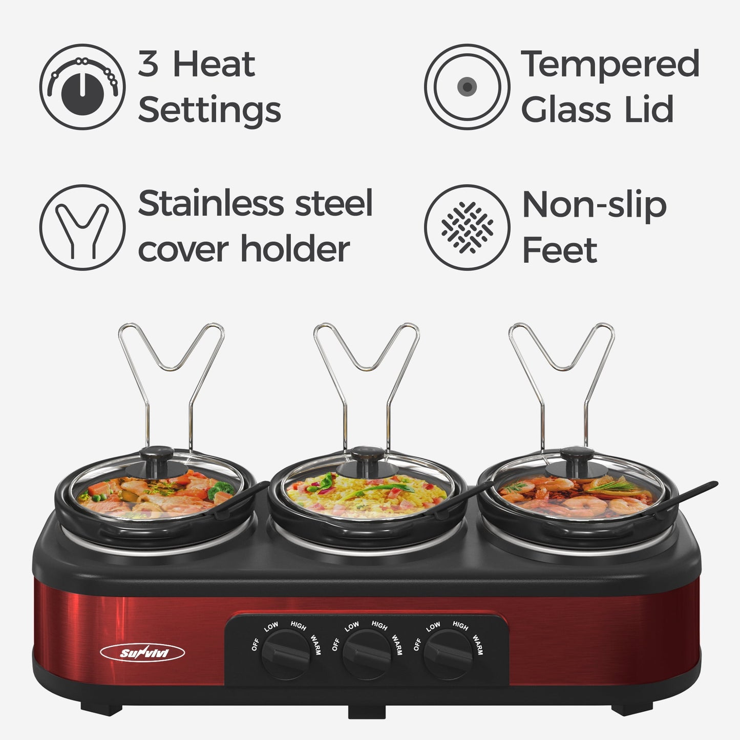 Sunvivi Triple Slow Cooker,3 Pot Food Small Mini Manual Slow Cooker with Adjustable Temp ,Removable Ceramic Pot,4.5 QT Red