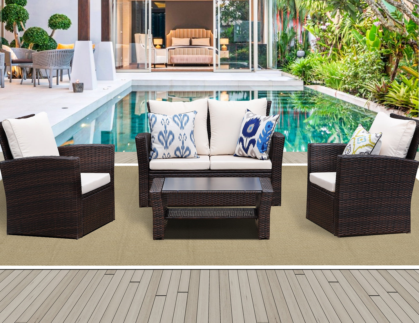 All-Weather Outdoor Patio Furniture Set - 4-Piece Wicker Rattan Sectional Conversation Set with Table and Cushions, Gray