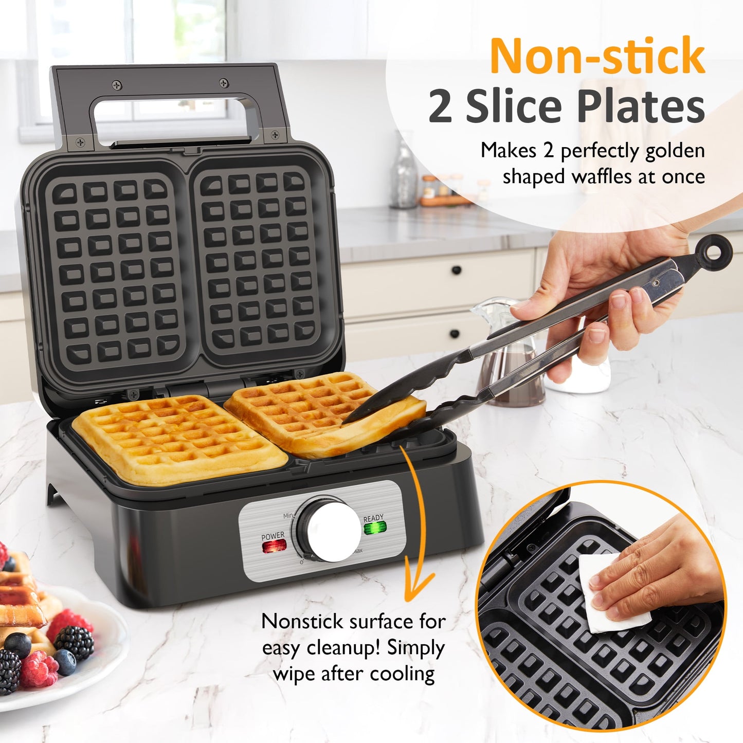 Heynemo Electric Waffle Maker 2 Slices, Stainless Steel Waffle Iron with Adjustable Heat, Nonstick Coating & Cool Touch Handle