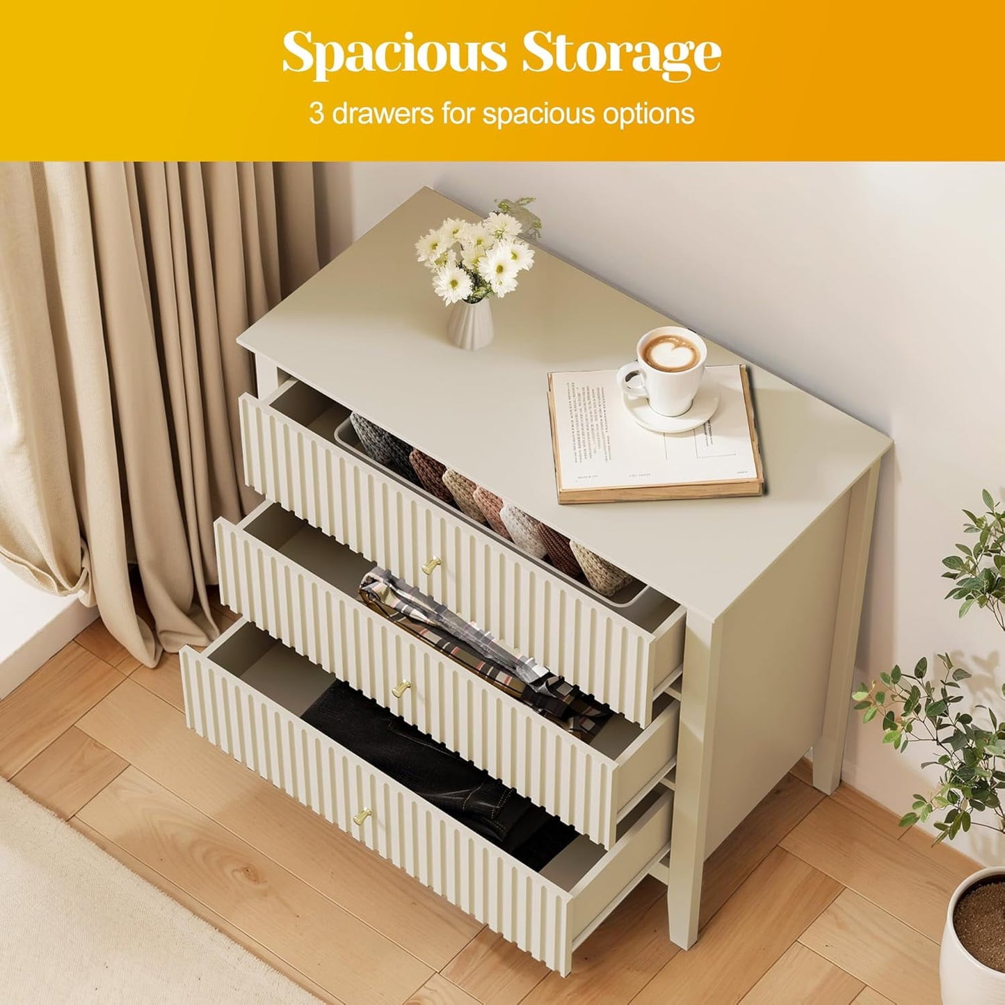 Mayincolor Wooden 3-Drawer Dresser Set of 2, Wide Chest with Modern Nightstand Cabinet and Spacious Storage, Beige