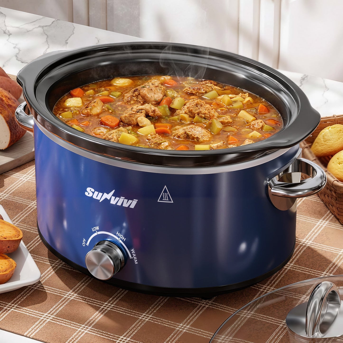 Heynemo 4 Quart Slow Cooker, Mini Food Warmer with Removable Ceramic Pot, 3 Heat Settings, Dishwasher Safe Lid, Stainless Steel, Blue