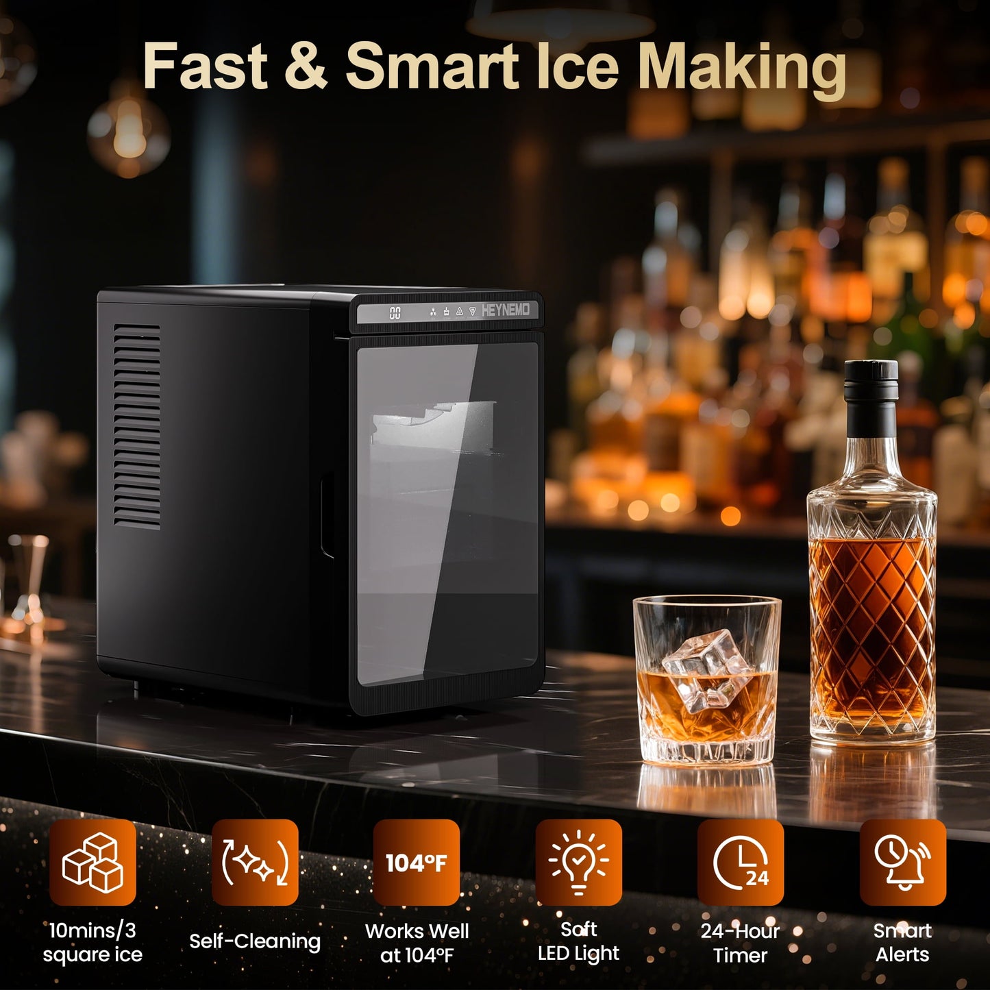 Sunvivi Clear Ice Maker for Home ÿ Compact Countertop Ice Machine with 1.6" Square Ice Cubes, Self-Cleaning, LED Light & Timer, Portable Electric Ice Maker for Kitchen, Bar, RV, Black