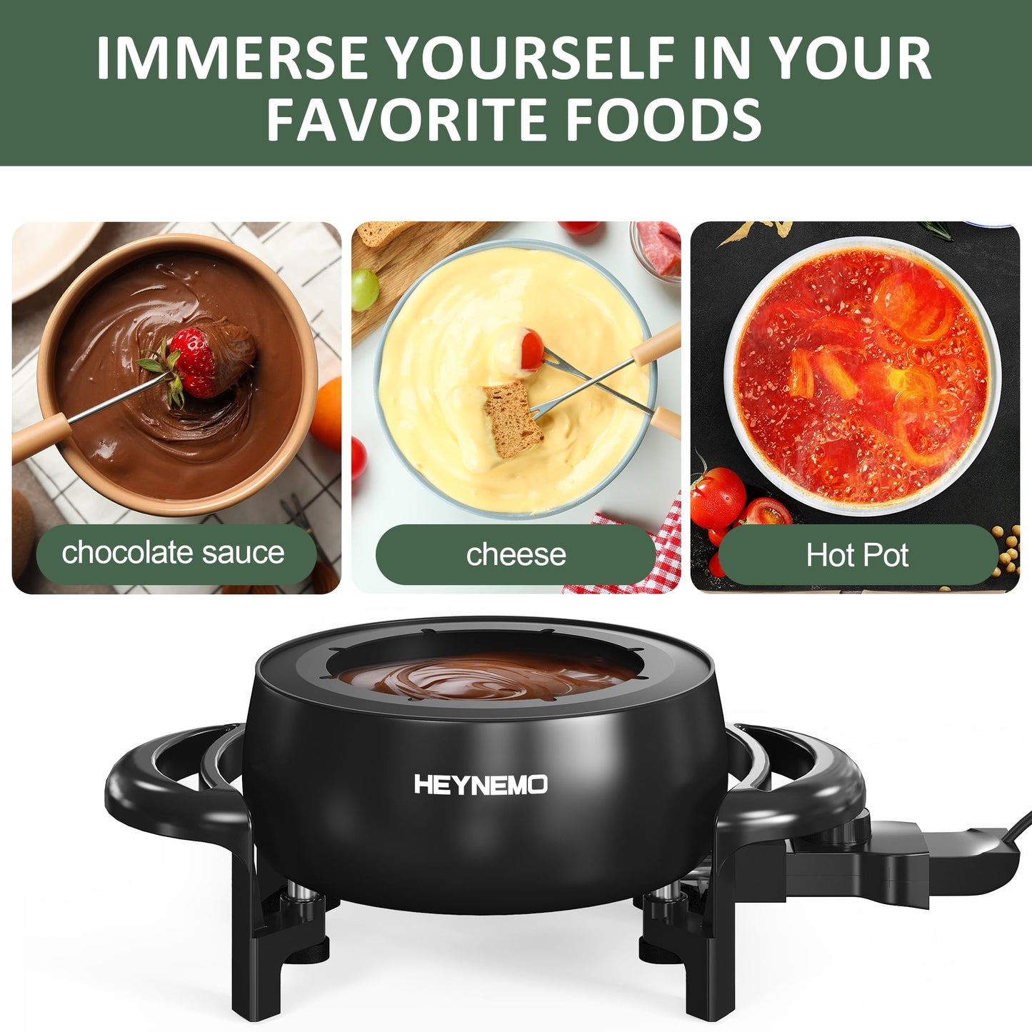 Sunvivi 3 QT Fondue Set, Electric Fondue Pot Set for Melting Chocolate & Cheese, 1000W Non-Stick Fondue Maker with Adjustable Temperature Control and 8 Color-Coded Forks, Ideal for Dessert & Broth