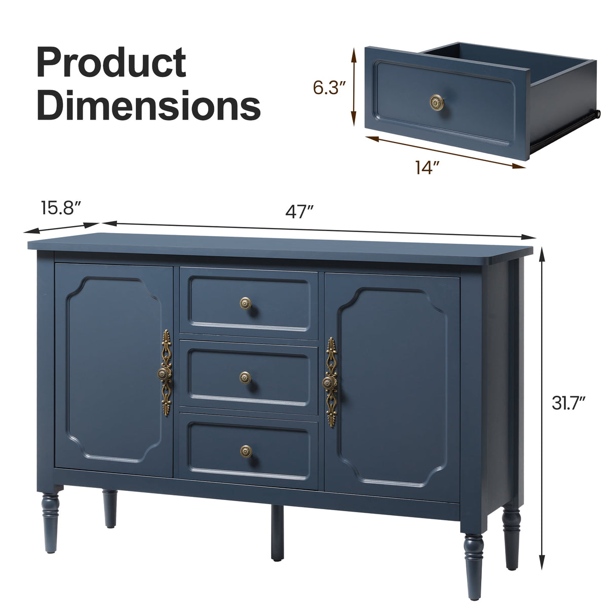Heynemo Buffet Sideboard with 2 Doors & 3 Drawers, Storage Cabinet with Adjustable Shelves for Living Room, Dining Room, Blue