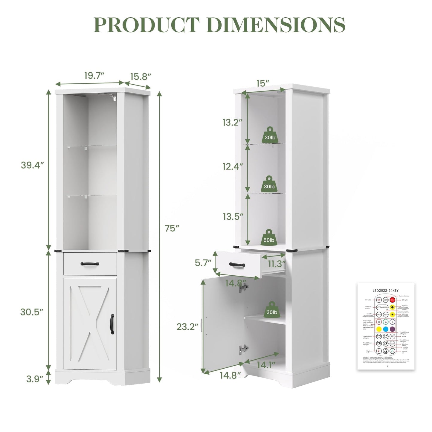Royalcraft 75'' Tall Storage Cabinet with LED Light, Farmhouse Pantry Cabinet with Tempered Glass Adjustable Shelves & Barn Door, Freestanding Linen Tower for Bathroom, Living Room, Kitchen, White
