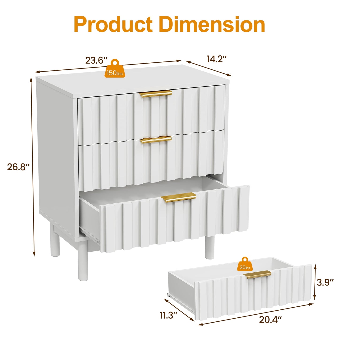 May in Color Fluted 3 Drawer Dresser Set of 2, Wood Closet Organizer for Bedroom, Living Room, Entryway, White