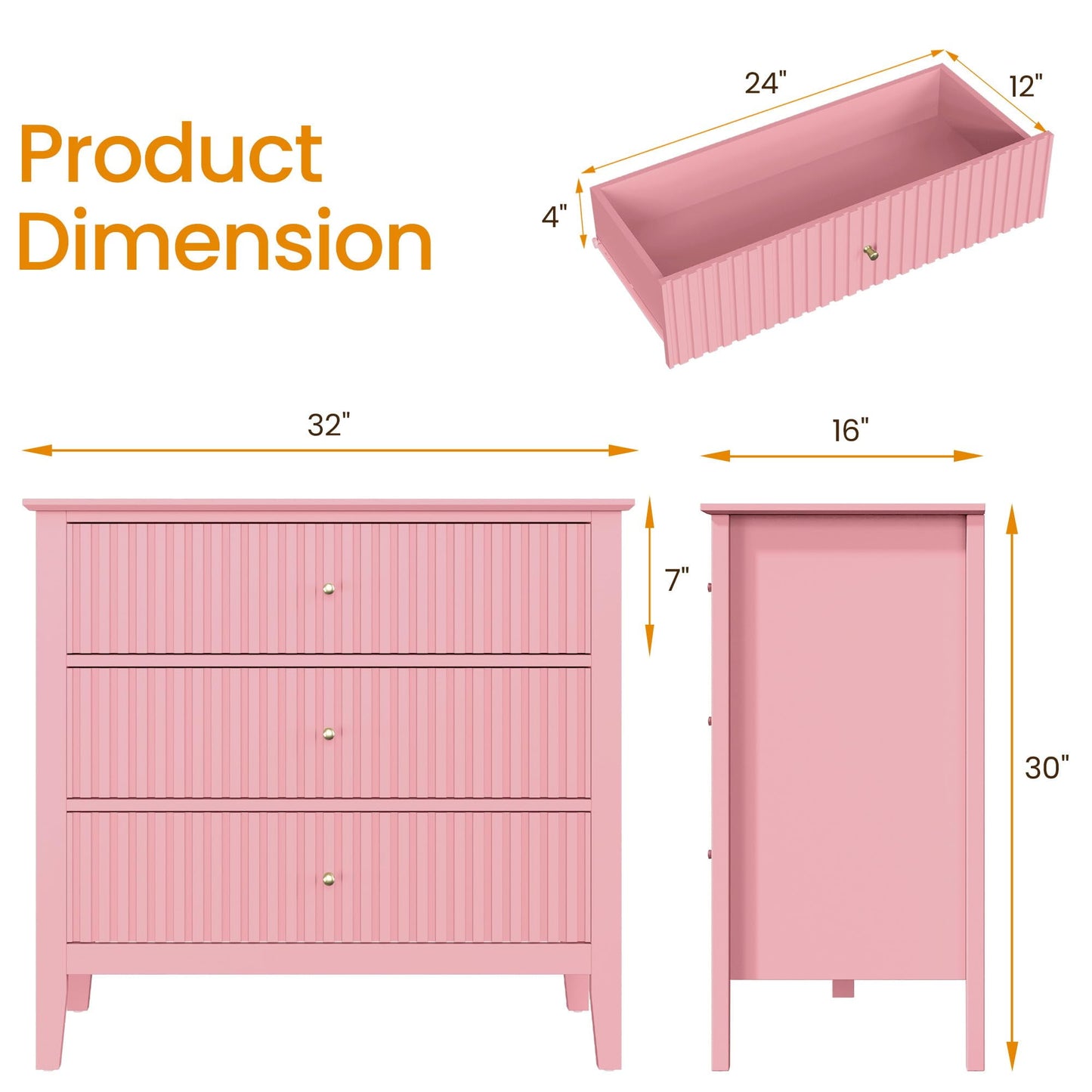 Heynemo 30" Large Dresser with 3 Drawers, Pink Modern Wood Nightstand with Ball Bearing Slides, Wide Storage Chest for Bedroom, Living Room, Entryway or Office