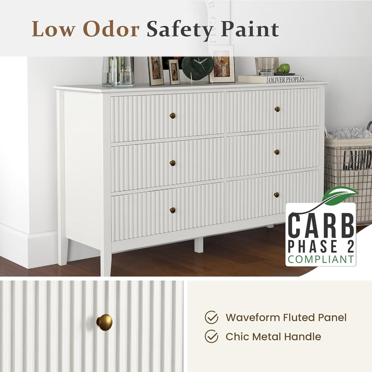 Heynemo 6 Drawer White Dresser for Bedroom, Modern Storage Chest for Living Room, Study Room