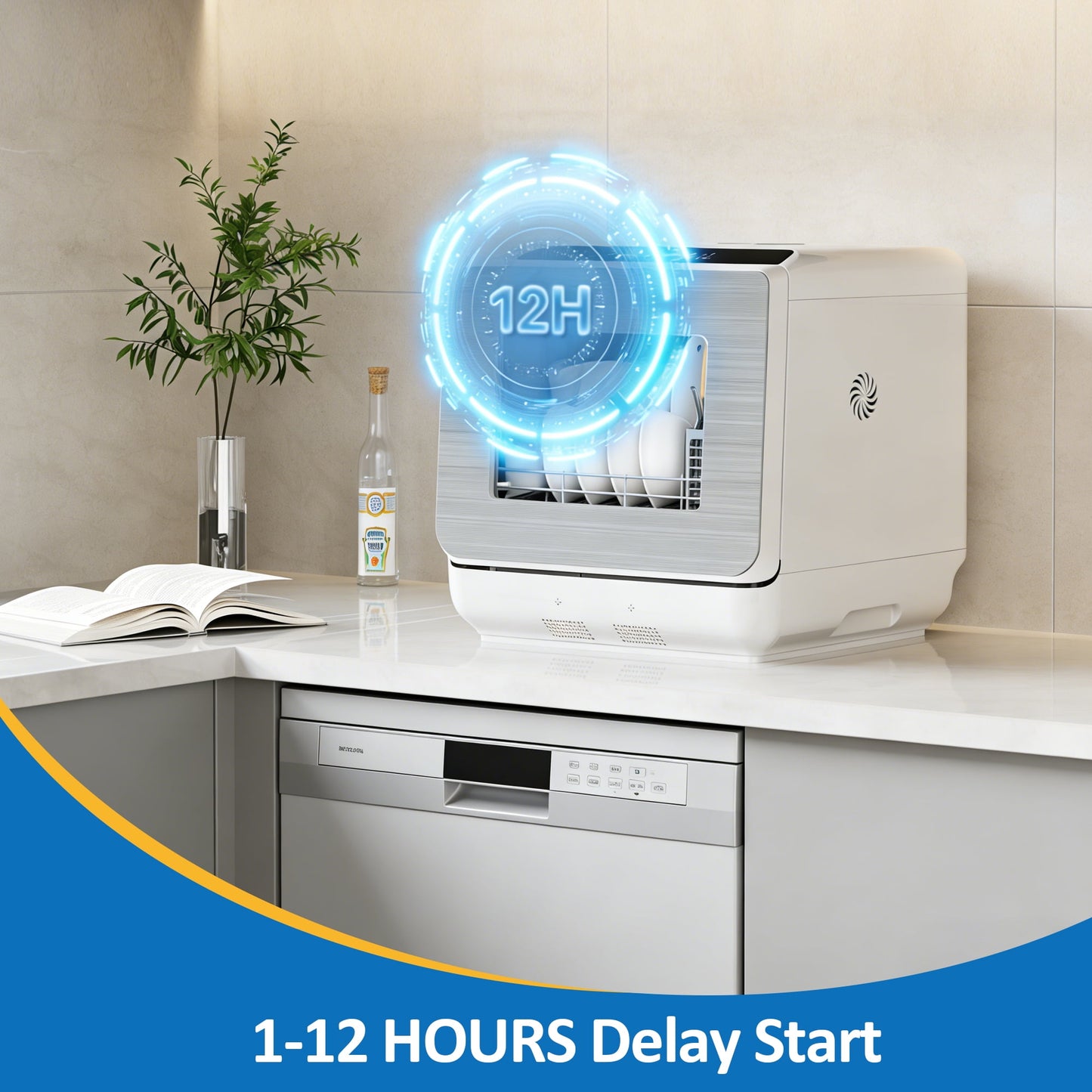 Sunvivi Portable Countertop Dishwasher 18", 152oz Built-in Water Tank, 6 Wash Programs, Energy Star, Delay Start for Apartments & RV