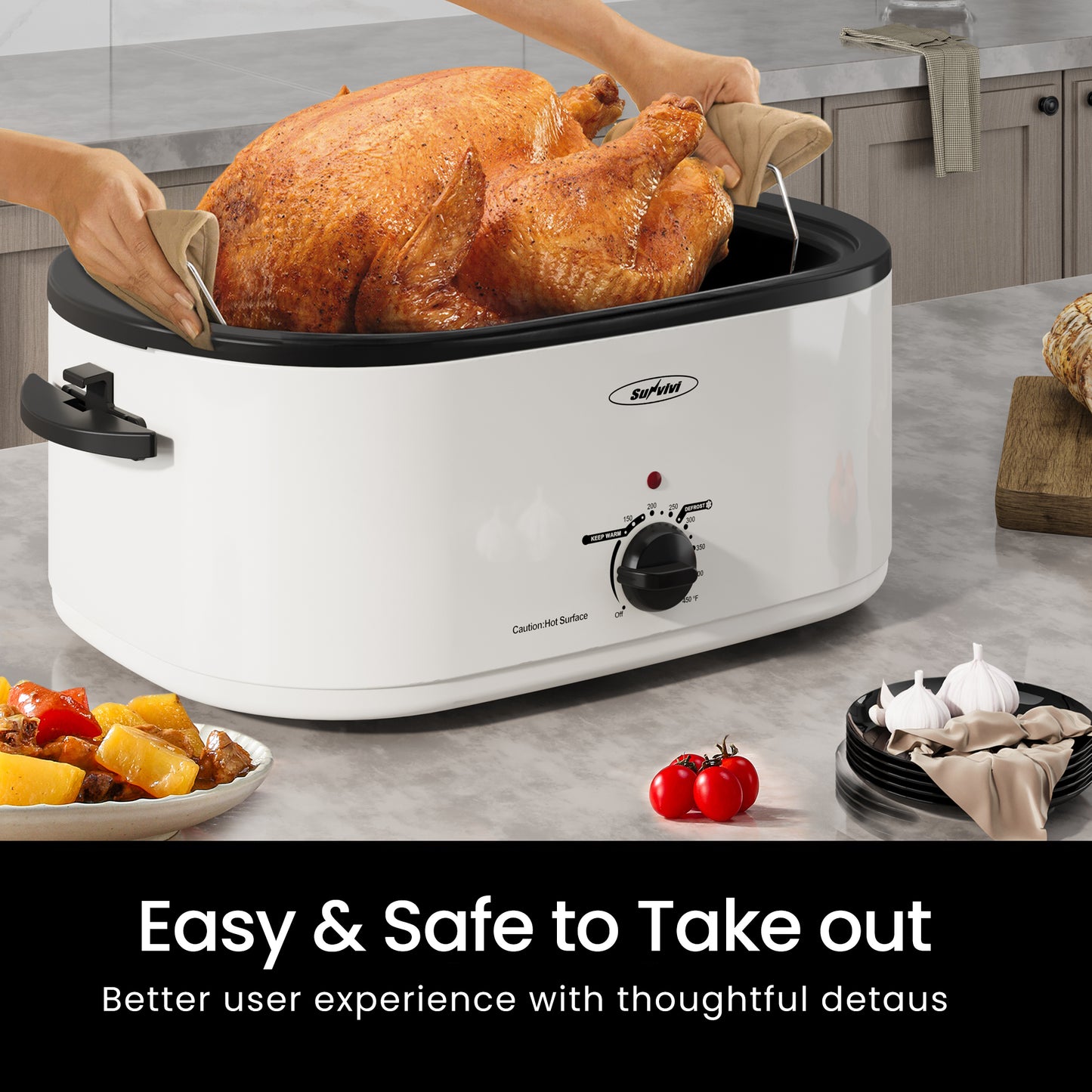 RoyalCraft 24 Quart Electric Roaster Oven Turkey Roaster with Lid Electric Roasters with Removable Pan Large Roaster,Visible & Self-basting Lid, Fast Heating & Thaw/warming Setting, White