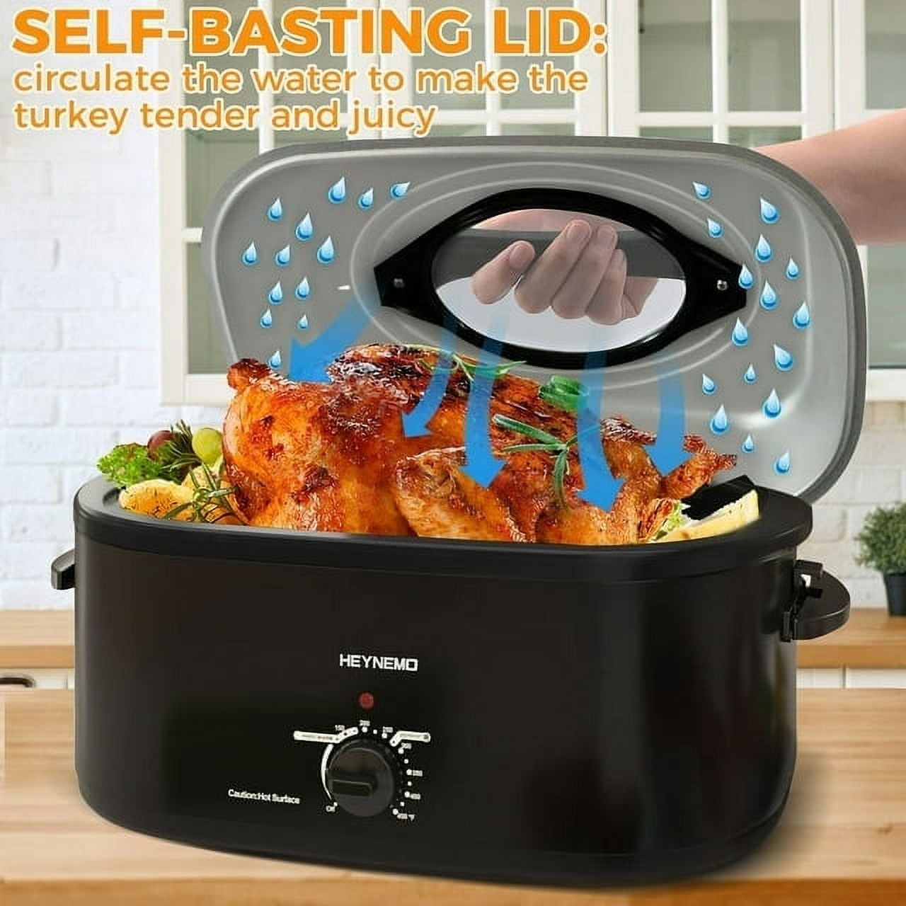 24 Quart Electric Roaster Oven, Stainless Steel Buffet Turkey Roaster Oven with Self-Basting Lid Removable Pan, Black