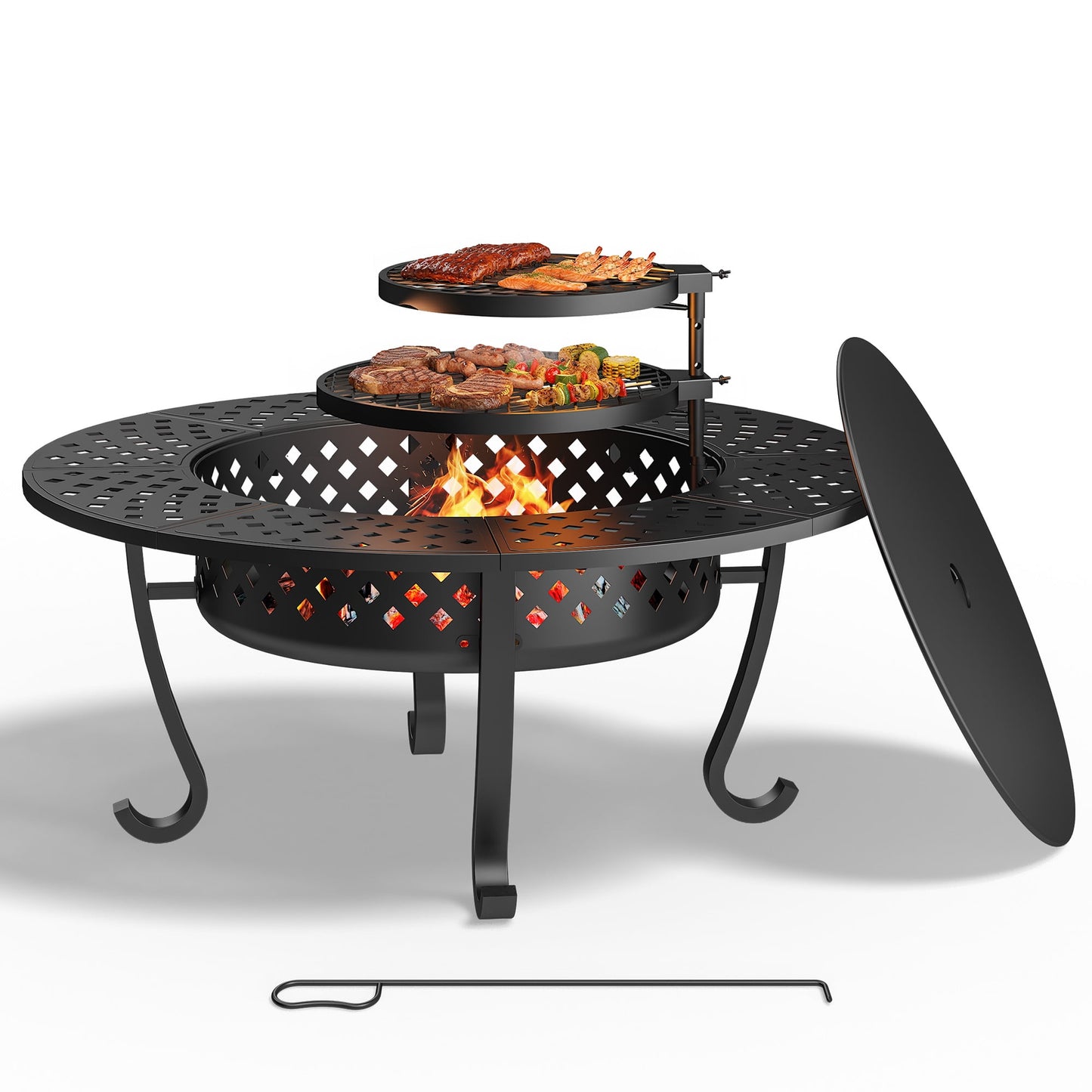 Heynemo 3 in 1 Outdoor Fire Pit for BBQs, Bonfire, Picnic, Wood Burning Fireplace with 2 Grill, Lid, and Fire Poker, 43'' Metal Round Table for Patio, Garden, Backyard