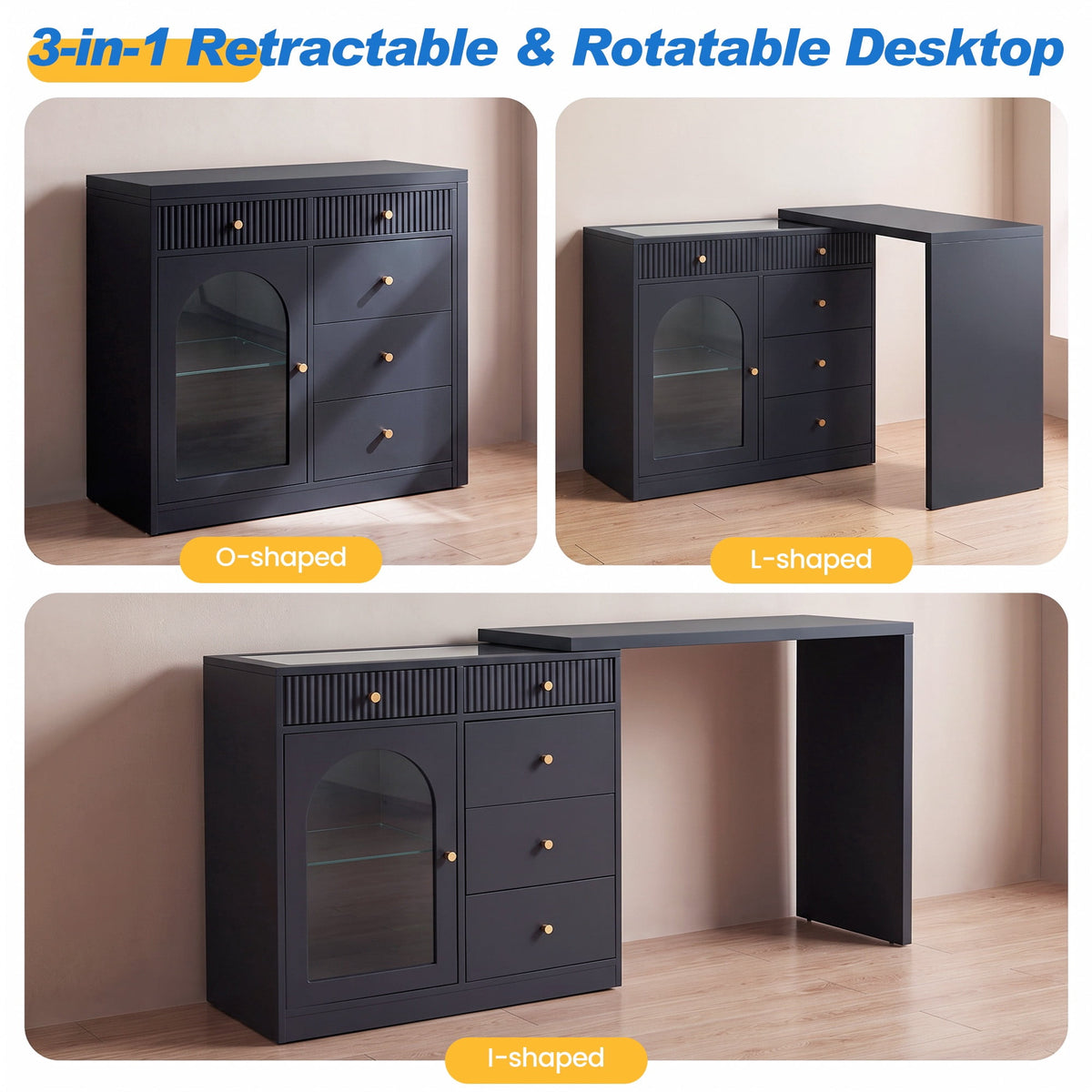 May in Color Black Extendable Vanity with LED Lights, Rotatable L?Shaped Makeup Vanity Desk, 5 Drawers & Arched Glass Cabinet, Multi?Purpose Desk for Working, Studying, Drawing, Sewing, Nail Care