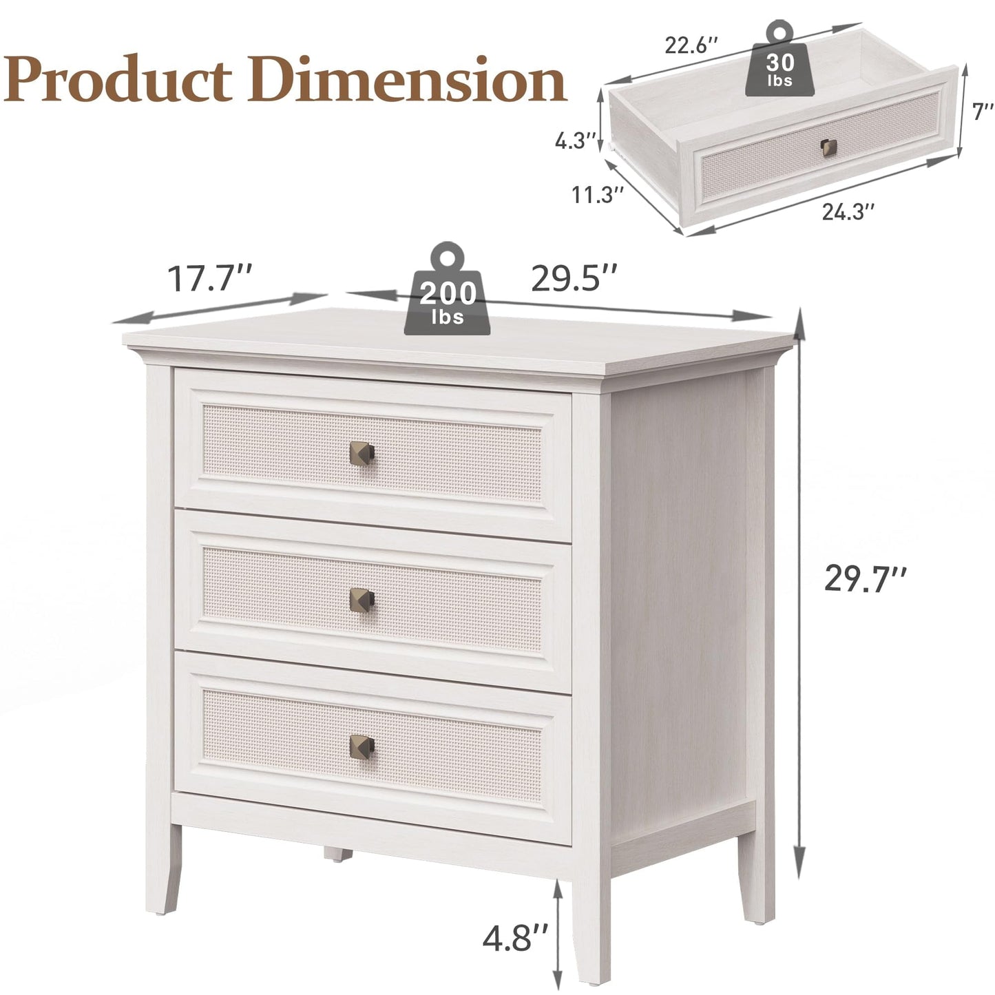 RoyalCraft White Dresser for Bedroom, Boho Tall Dresser with 3 Rattan Decorated Drawers, Modern Wood Chest of Drawers for Closet, Living Room, Hallway, Entryway