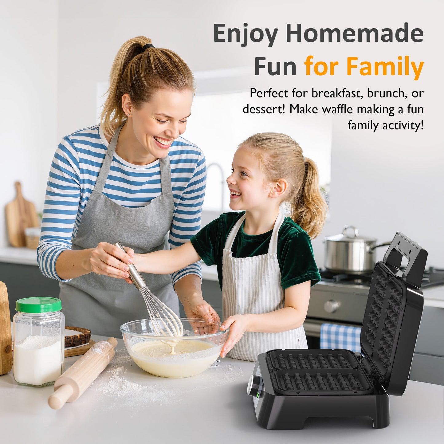 Heynemo Electric Waffle Maker 2 Slices, Stainless Steel Waffle Iron with Adjustable Heat, Nonstick Coating & Cool Touch Handle