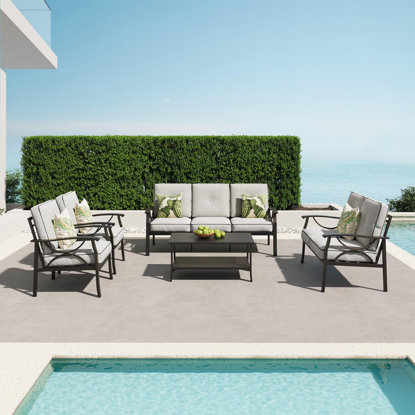 Heynemo Outdoor Patio Furniture Set for 7, 5 Piece Metal Patio Conversation Set with Coffee Table for Porch Backyard Garden, Black
