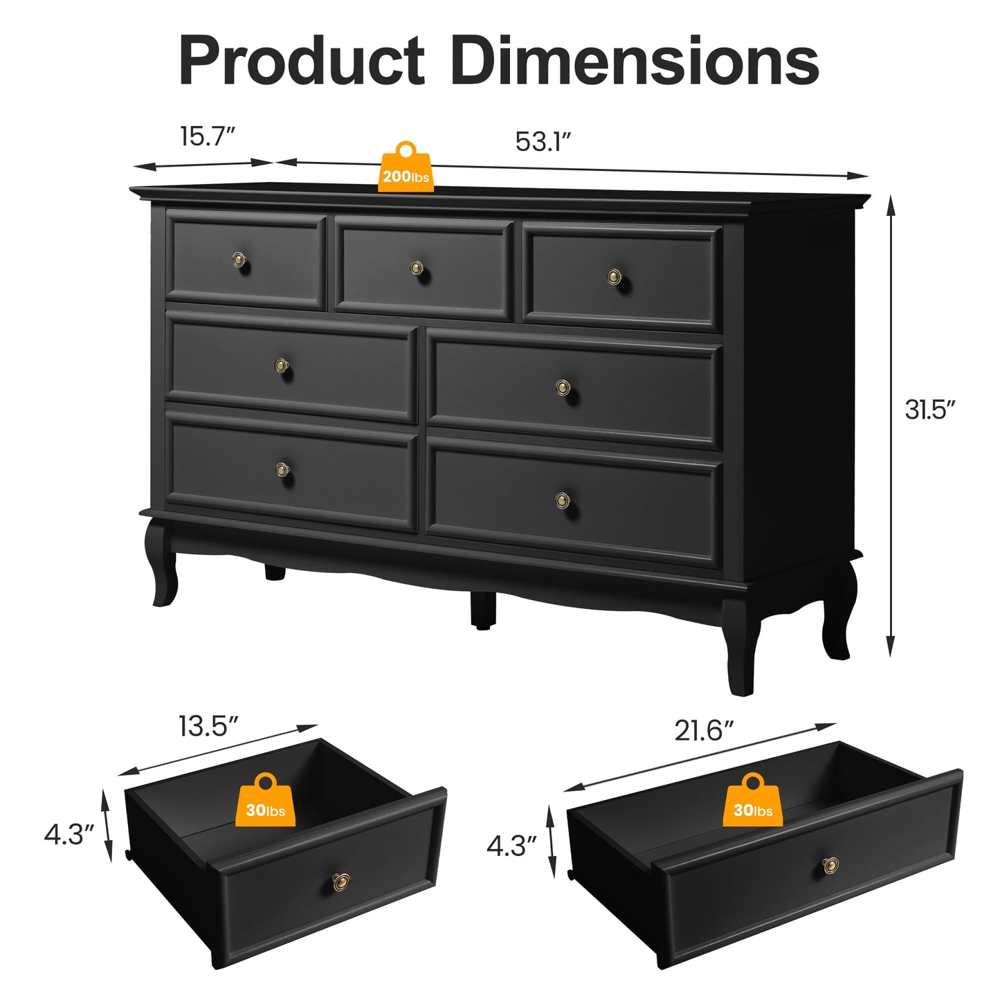 Heynemo 7 Drawer Dresser for Bedroom, Chest of Drawers with Solid Wood Legs and Painted Surface, Black