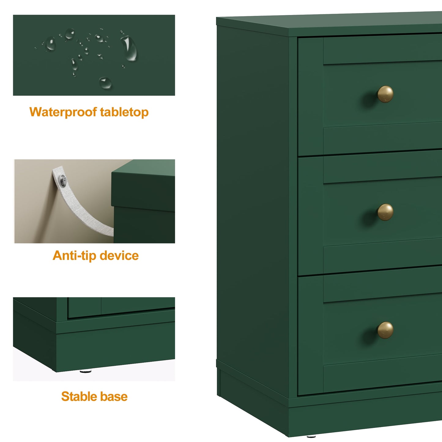 May in Color 3 Drawer Nightstand Set of 2, Large Bedside Table with Golden Round Knobs for Bedroom, Living Room, Hallway, Closet, Green