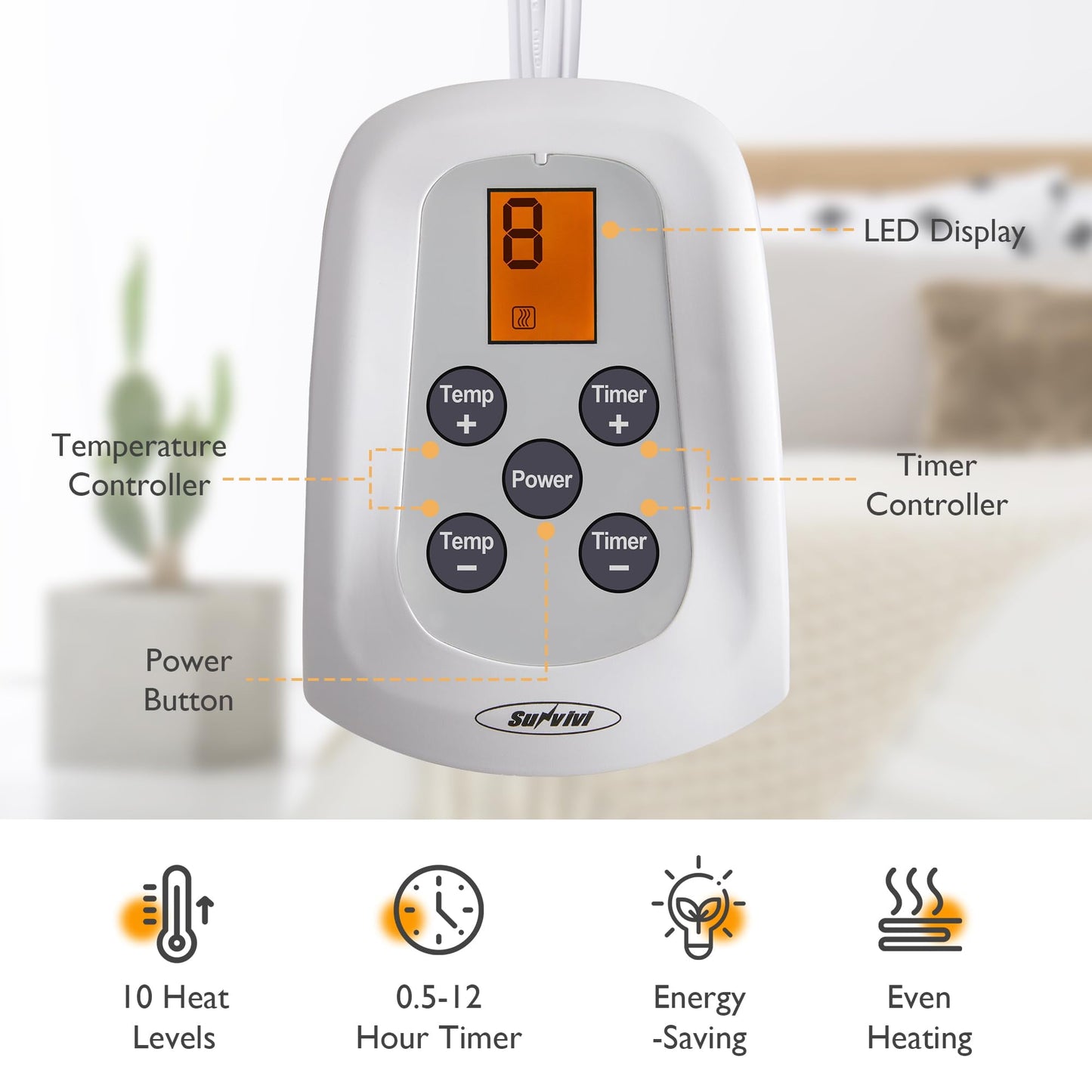 Sunvivi Twin Size Heated Mattress, Electric Bed Mattress Pad with 12-Hour Timer & 10 Heat Settings, Full Bed Warmer, Machine Washable, 39" x 75"