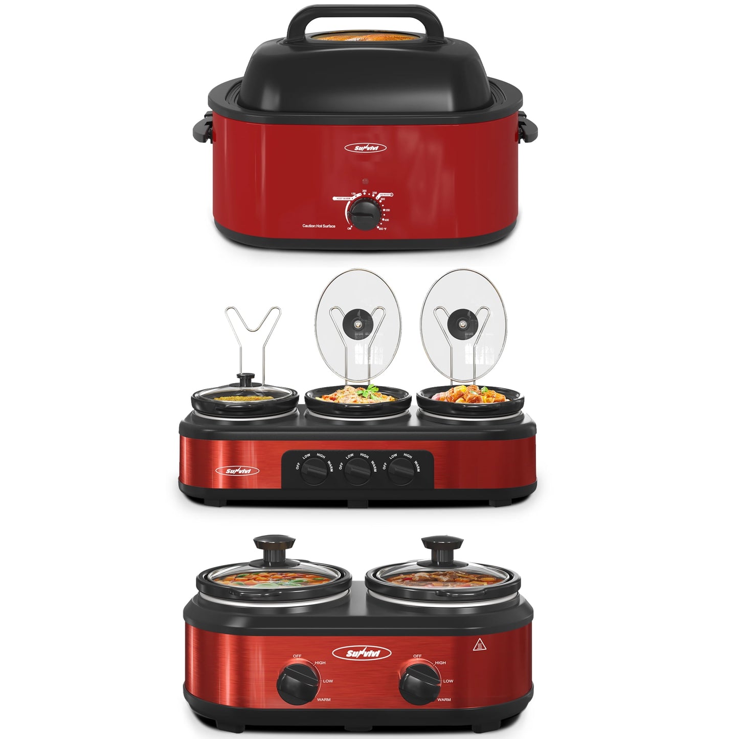 SUNVIVI 24QT Roast Turkey stove with 3-burner slow cooker and 2-burner slow cooker Kitchen set ,Stainless Steel,Red