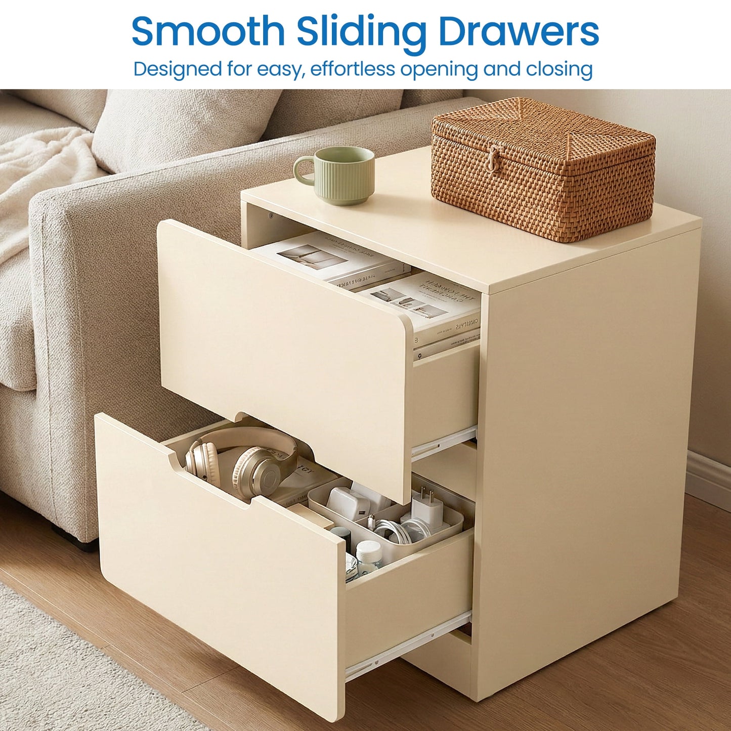 May in Color 2-Drawer Nightstand, Handless Bedside Table for Bedroom, Living Room, Hallway, Beige