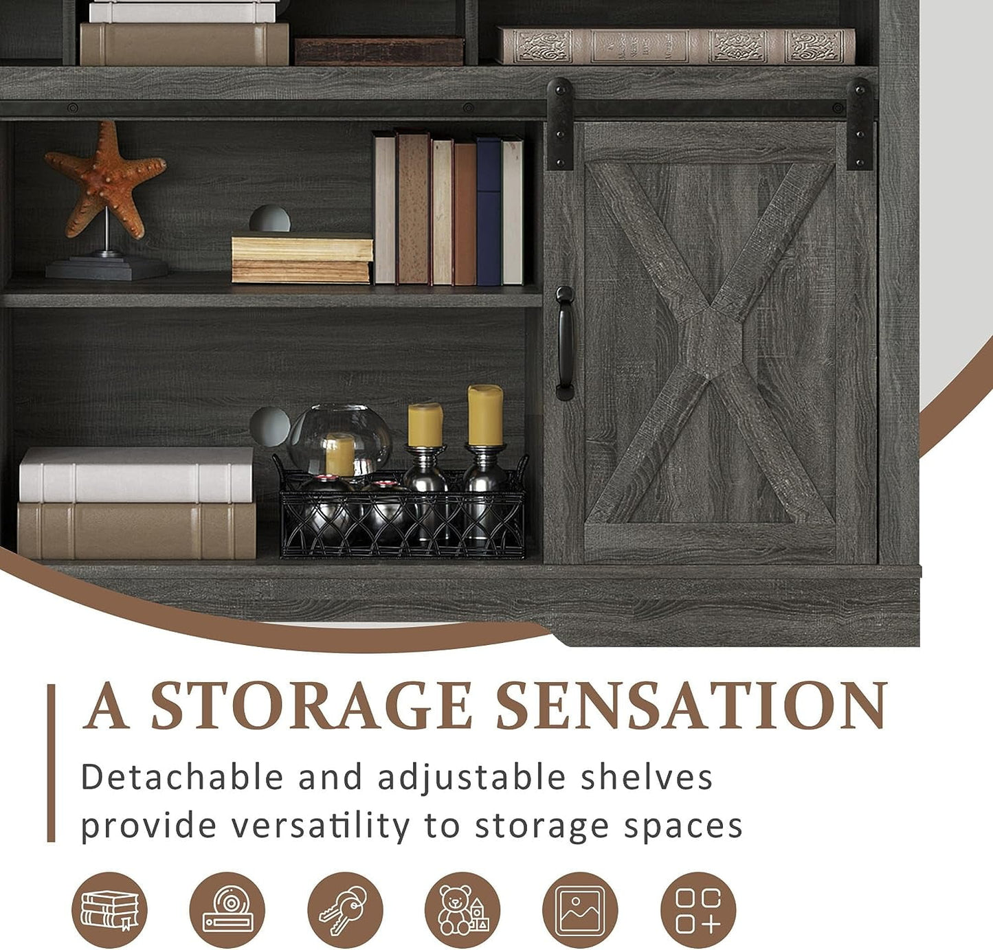 Mayincolor Farmhouse TV Stand for 65+ Inch TVs, Rustic Wood Media Console with Sliding Barn Doors, Dark Grey